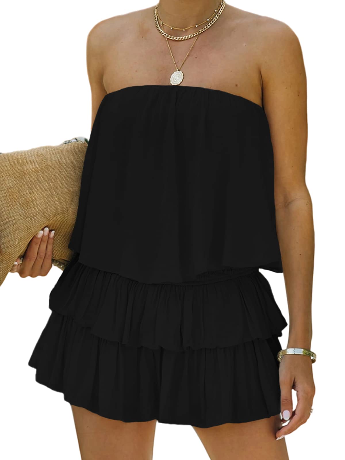 MIRACMODA Women's Off The Shoulder Romper - Flowy Strapless Smocked Jumpsuit Playsuit Dress for Summer Beach Vacation & Date Night Outfits