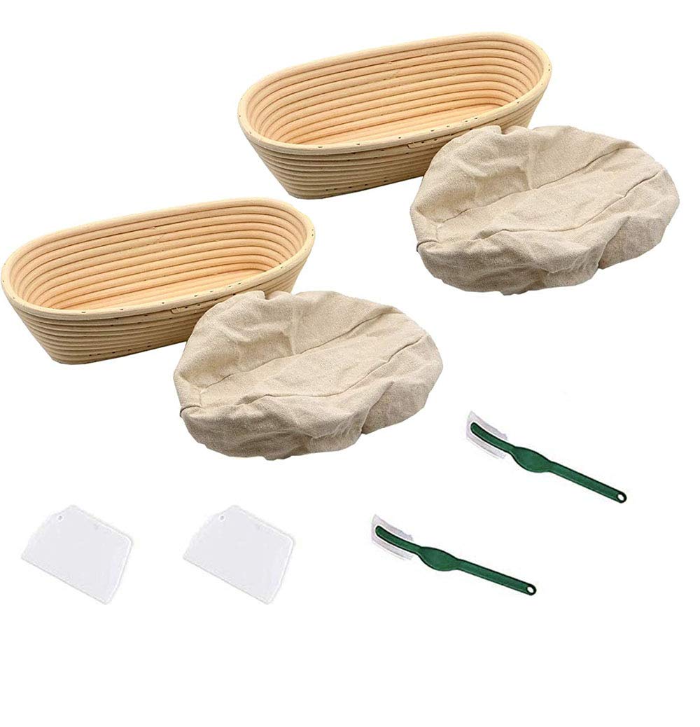 Handmade Oval Banneton Bread Proofing Basket Set - 2-Pack with Bread Lame, Dough Scraper & Proofing Cloth Liner (9.8x5.9x3.1 Inches) - Perfect for Artisan Sourdough, French Bread Baking at Home