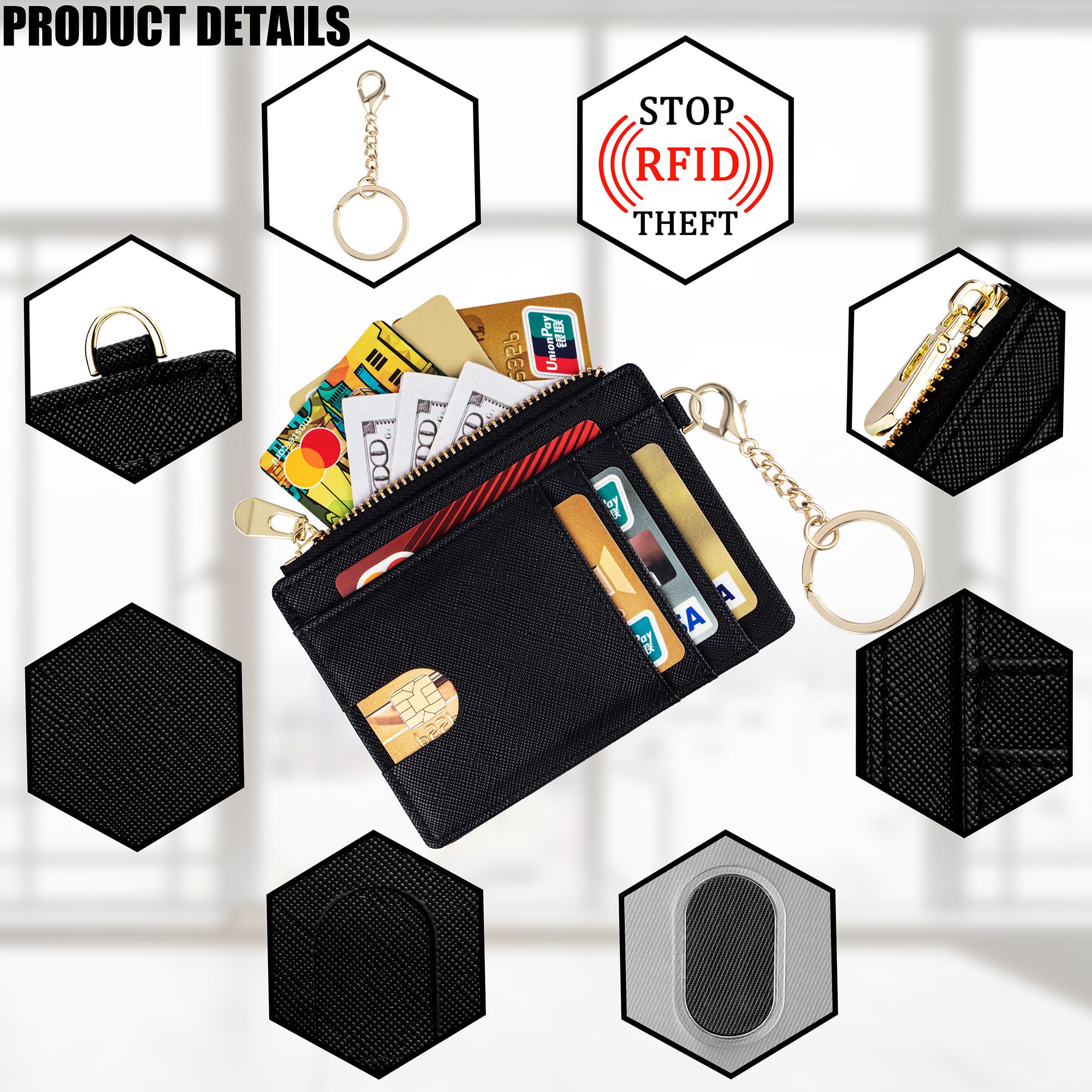 Suweibuke Slim RFID Blocking Wallet for Women - Ultra Thin Credit Card Holder with D-Shackle ID Window & Detachable Keychain (Black) | Perfect for Travel, Work, and Everyday Use