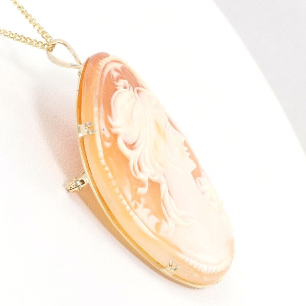 18K Yellow Gold Shell Cameo 2-Way Convertible Necklace & Brooch - Elegant Vintage Jewelry for Women, Perfect for Weddings, Parties & Special Occasions