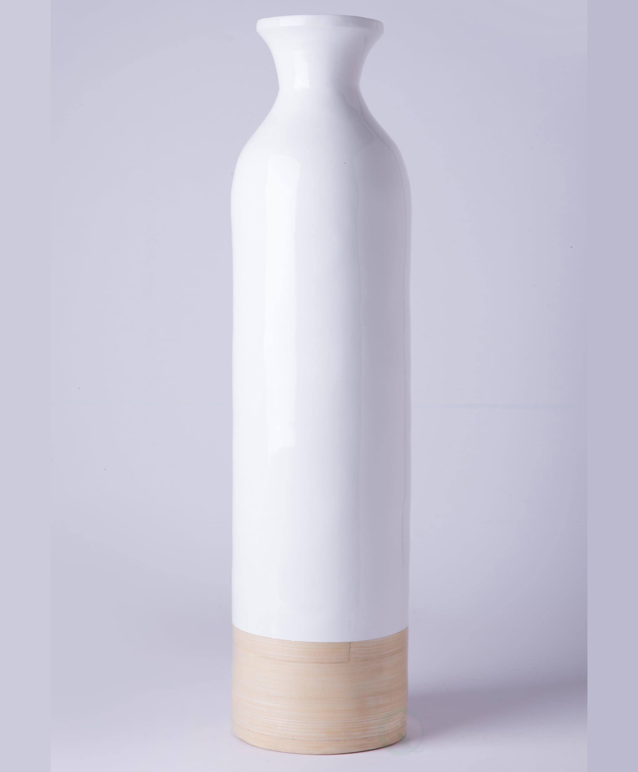 Elegant Black & White Tall Cylinder Bamboo Floor Vases - Glossy Lacquer & Natural Finish - 31