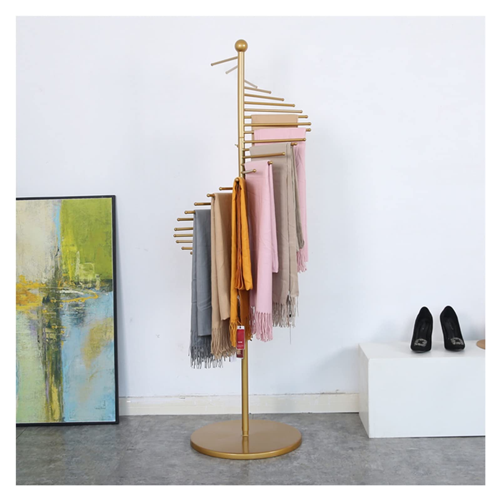 Modern Metal Scarf Hanger Organizer - 28 Hook Floor Standing Scarf Rack with Sturdy Base for Women | Home, Closet & Store Display | Gold Finish | Perfect for Scarf Storage & Accessory Organization