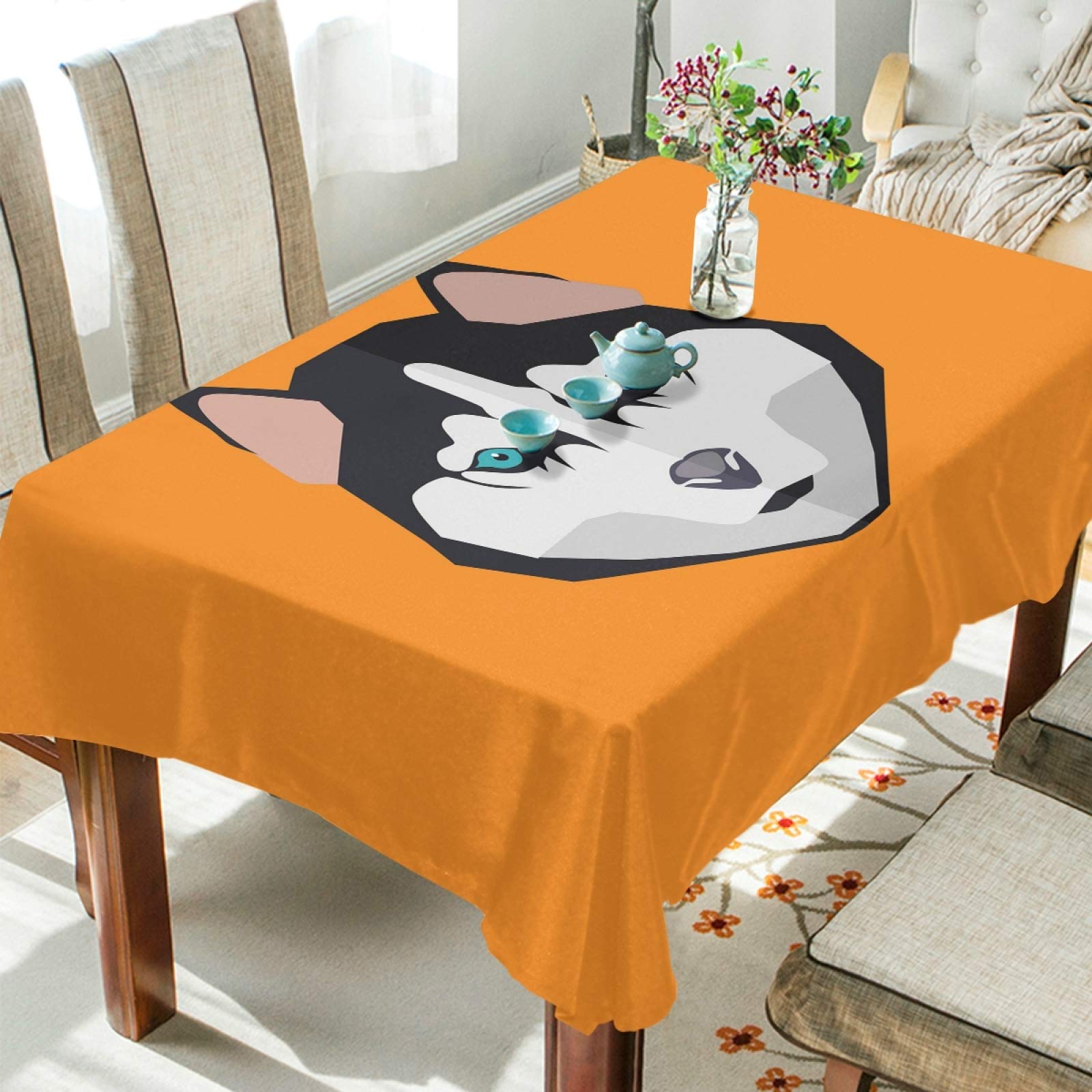 Husky Dog Print Orange Rectangle Washable Spill-Proof Tablecloth - Durable Kitchen Dining Table Cover for Indoor & Outdoor Use - Perfect for Parties, Picnics & Daily Dining