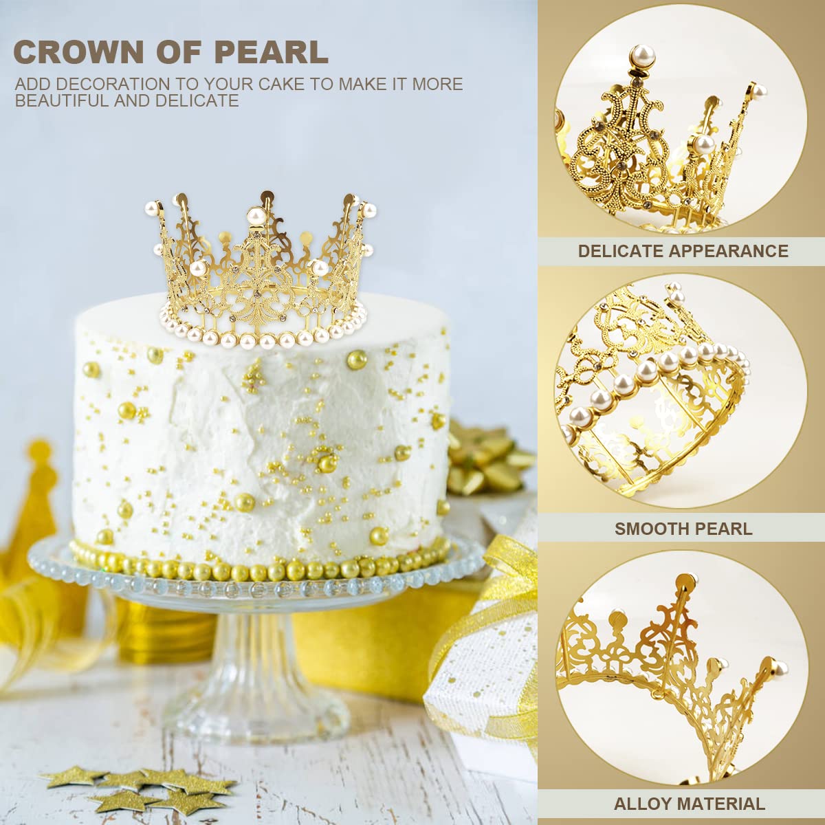 Elegant Gold Crown Cake Topper with Rhinestones & Pearls - Wedding, Birthday, Prince Themed Baby Shower Party Decorations - Perfect for Royal Celebrations, Princess Parties & Special Occasions