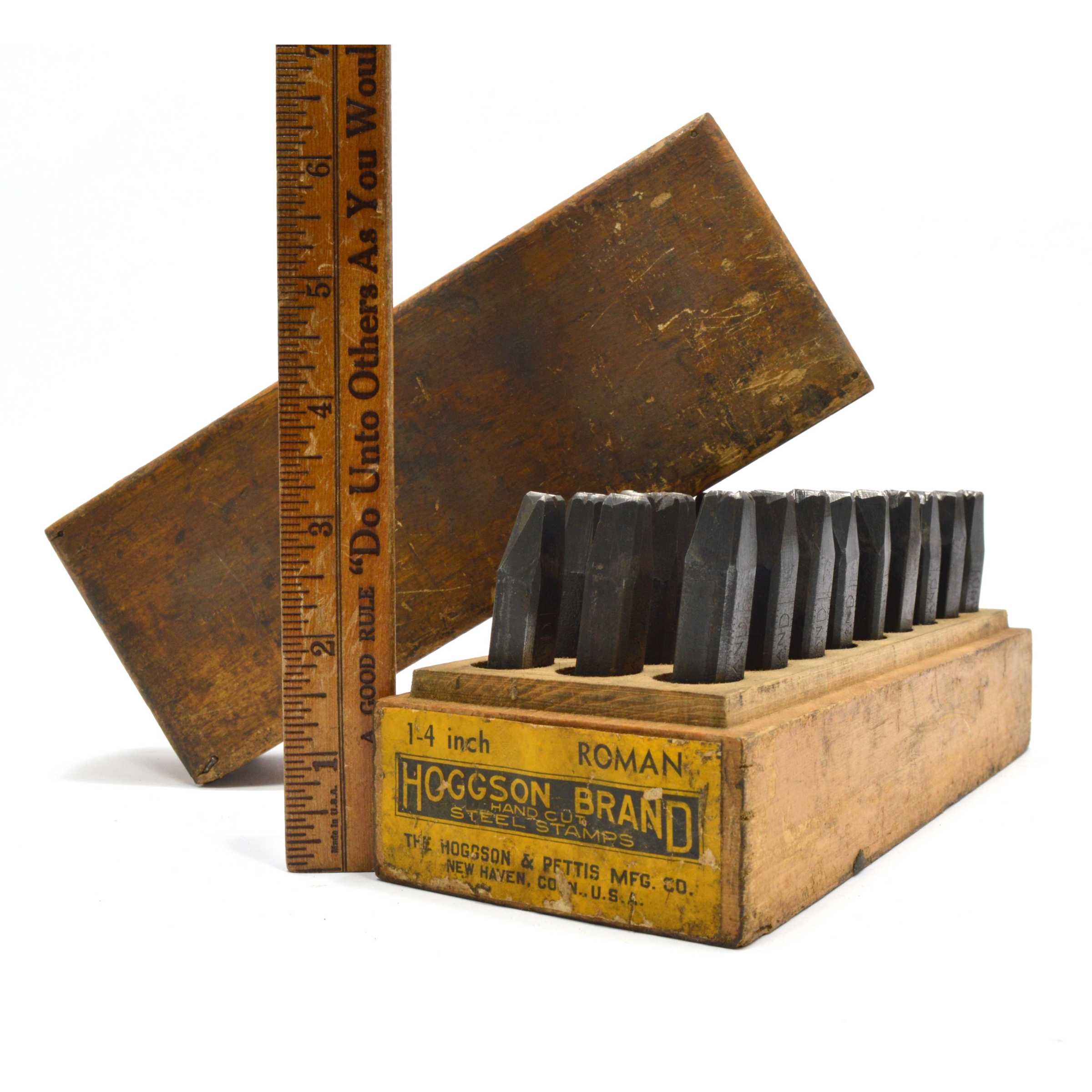 Vintage Hoggson Alphabet Punch Set - Complete Roman Font ABC Letters in Wooden Box for Leather Stamping, Metal Engraving & DIY Crafting