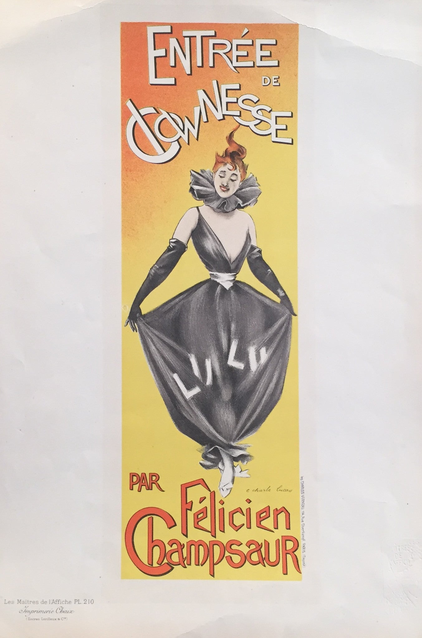 Original 1890s French Art Nouveau Maitre de L'Affiche Poster - Entrée de Clownesse (Plate 210) by Lucas - Vintage Circus Wall Art for Home Decor & Theater Room Design