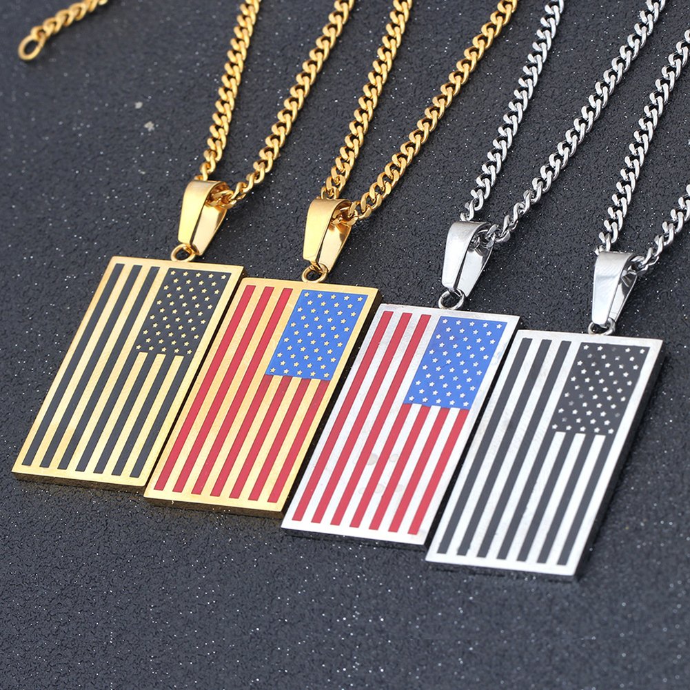 USA Flag Dog Tag Necklace - Patriotic Stars & Stripes Pendant with 24