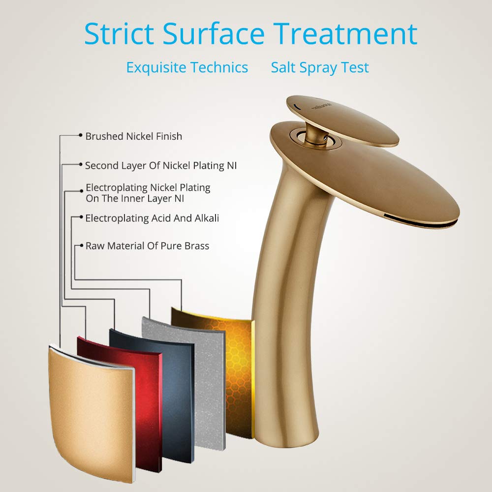 Wovier Brushed Gold Waterfall Bathroom Sink Faucet with Pop-Up Drain - Single Handle Brass Vanity Faucet for Bathroom & Powder Room - Tall Slanted Basin Mixer Tap with Supply Hoses - Perfect for Modern Bathrooms, Guest Suites & Luxury Home Renovations