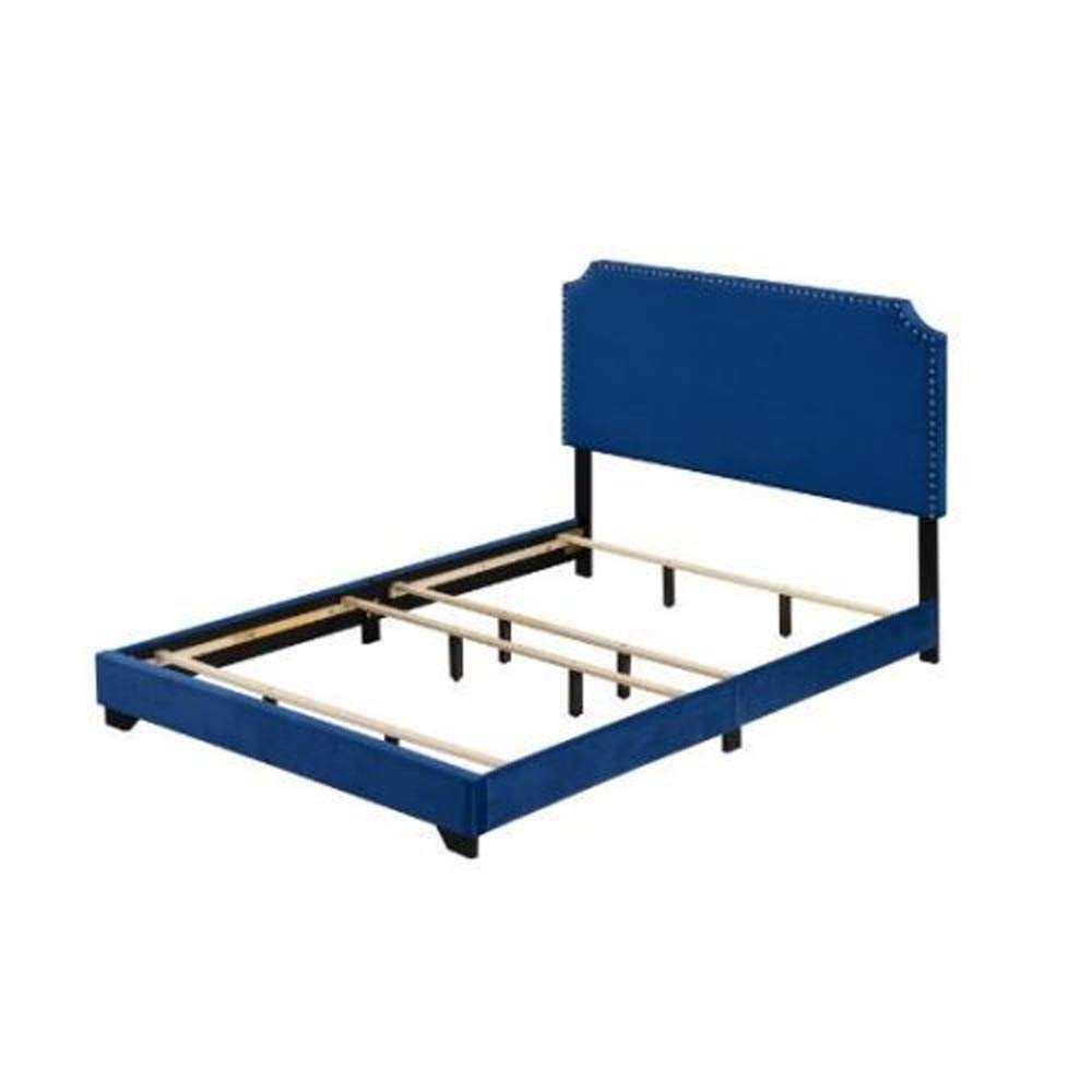 Queen Size Bed Frame - Blue Upholstered Fabric Headboard - Perfect for Master Bedroom, Guest Room & Small Spaces