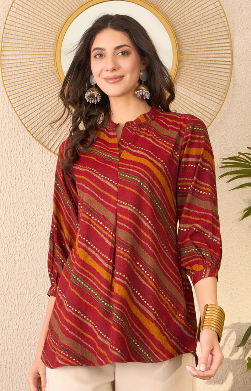 Stylish Red Cotton Blend Leheriya Printed Tunic Top for Women | Comfortable Casual Wear | Perfect for Summer Outfits, Beach Vacations & Boho Fashion