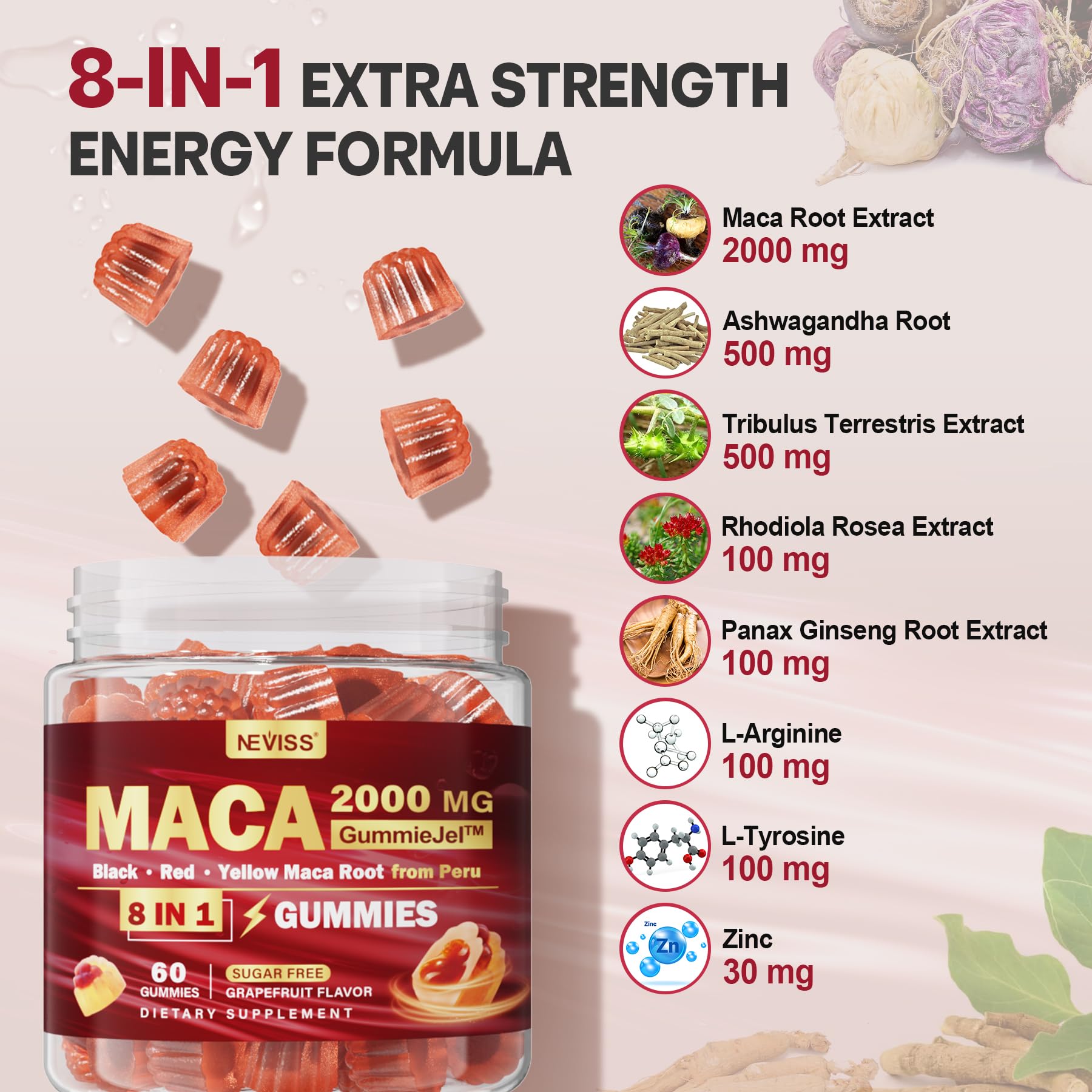 2 Pack Sugar Free Maca Root Gummies 2000mg - Organic Energy Supplement with Ashwagandha, Tribulus, Rhodiola & Ginseng for Men & Women - Supports Stamina, Focus & Vitality - Perfect for Workouts, Stress Relief & Daily Energy Boost