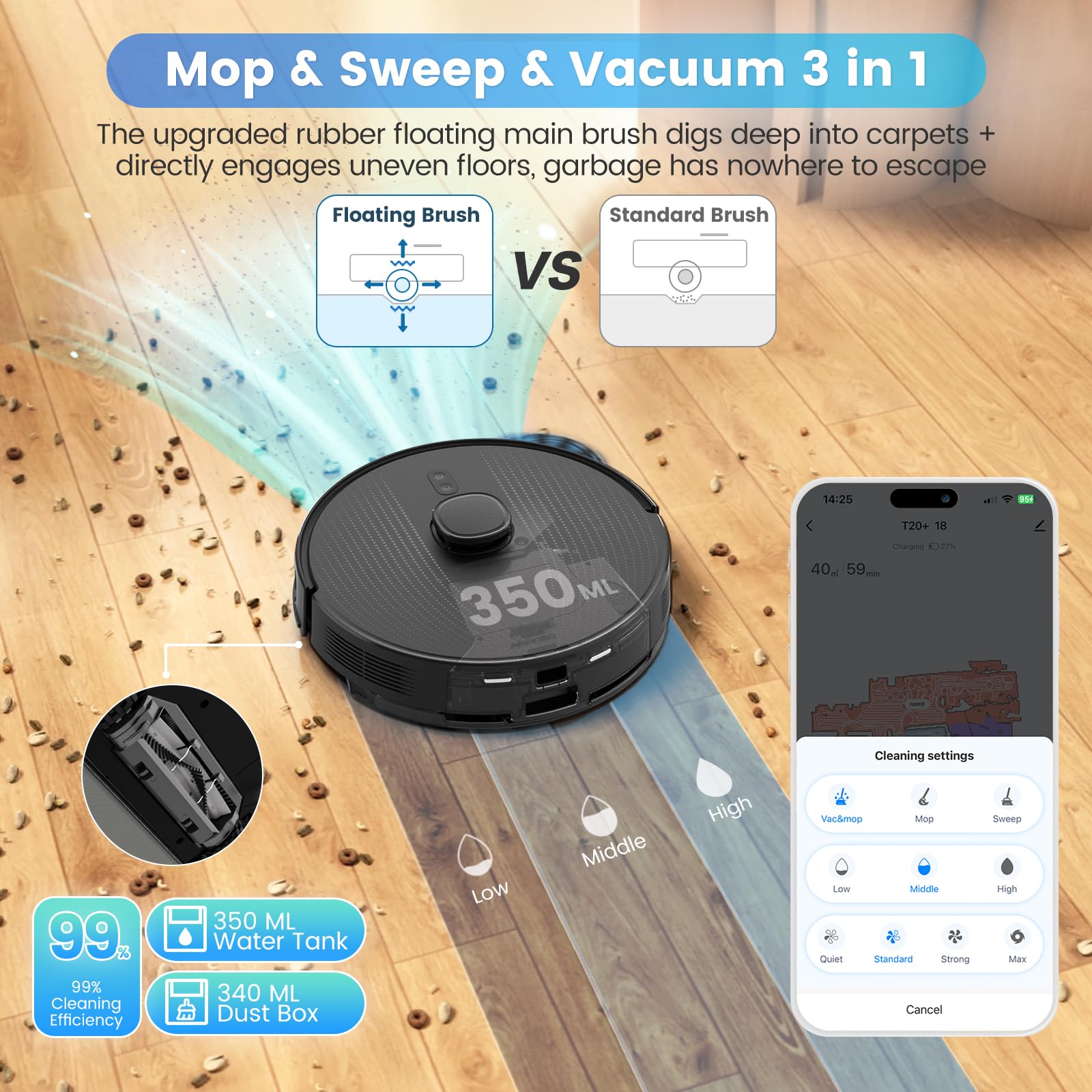 AIRROBO T20+ Robot Vacuum and Mop Combo with Self-Emptying Base, 60-Day Dustbin Capacity, Smart Mapping, Wi-Fi/App/Alexa Control, 180min Runtime - Ideal for Pet Hair, Hard Floors & Carpets in Large Homes