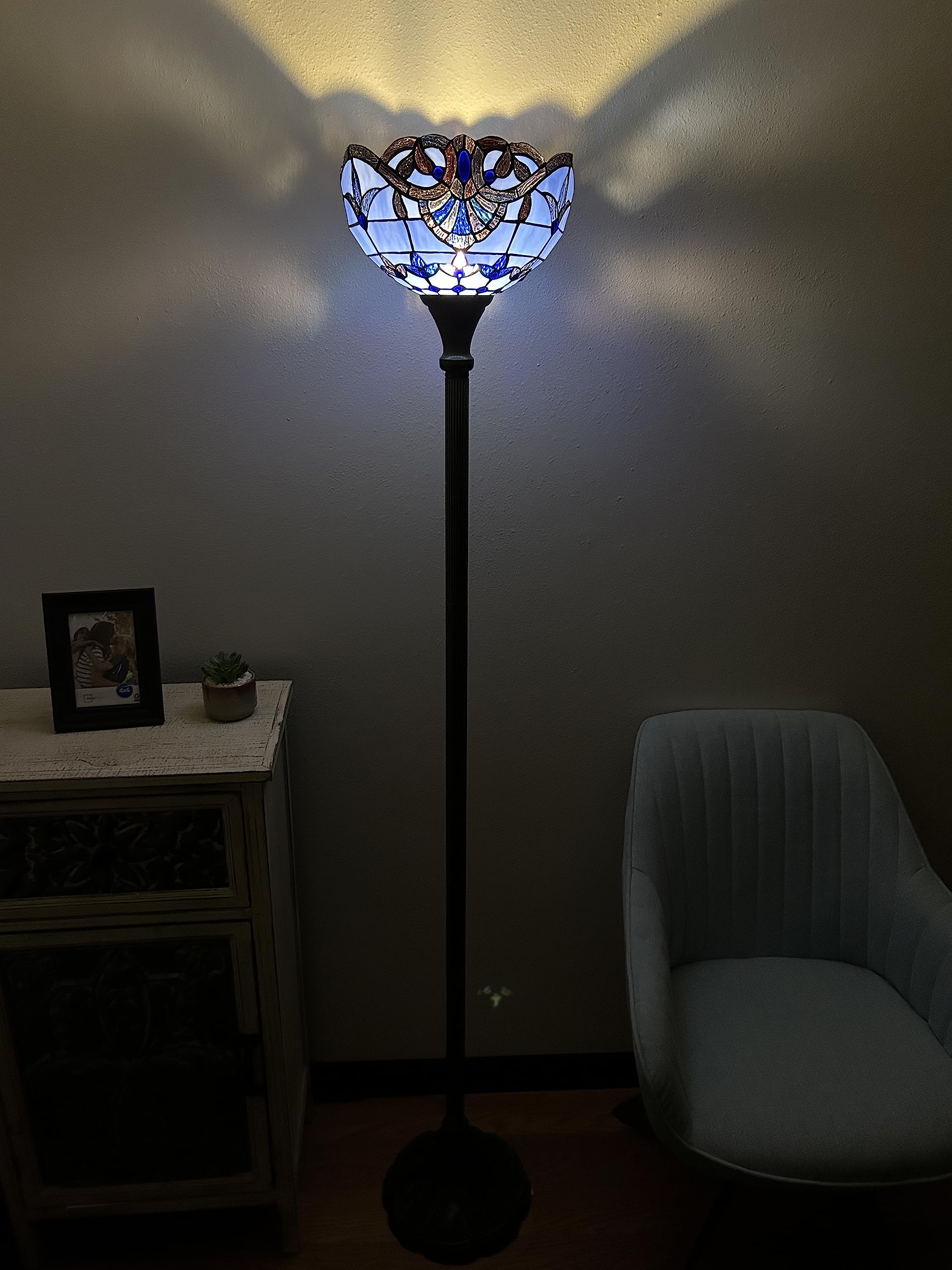 Tiffany Torch Floor Lamp with Blue Stained Glass - Baroque Style LED Floor Light with Included Lavender Bulb for Living Room, Bedroom, Office Decor - 66