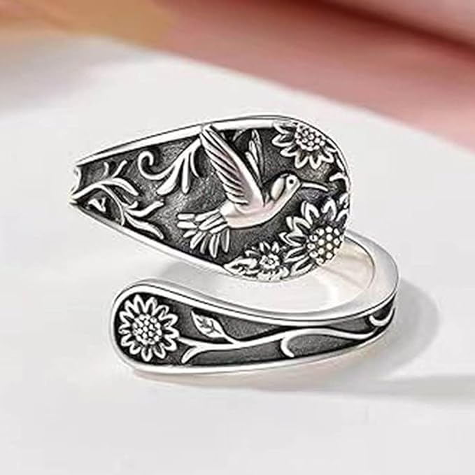 Vintage 925 Sterling Silver Hummingbird Adjustable Spoon Ring for Women - Perfect for Boho Style, Gift Giving, and Everyday Wear