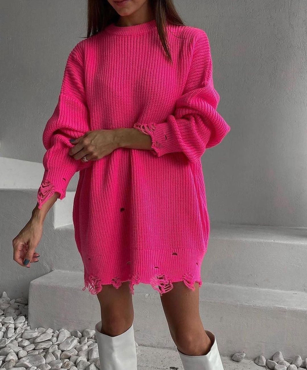 Vintage 1892 Knitted Round Neck Loose Fit Ripped Mid-Length Long Sleeve Sweater for Women | Cozy Fall & Winter Fashion | Perfect for Casual Outings, Coffee Dates and Office Wear