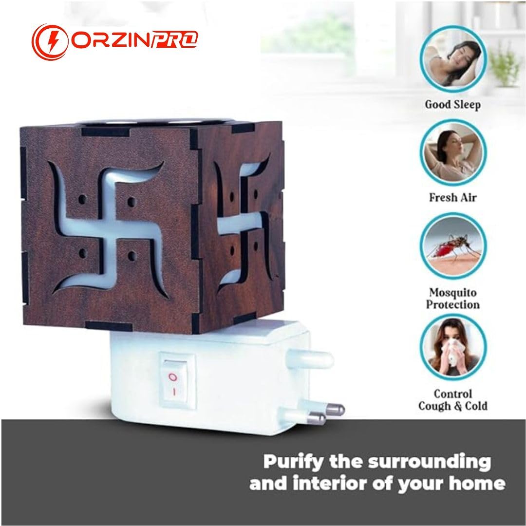 Orzinpro Electric Camphor Diffuser & Burner - Swastik Design Aromatherapy Incense Holder | Multipurpose Dhoop Dani for Home, Office, Temple | Night Lamp & Relaxing Ambiance for Meditation, Yoga, Pooja