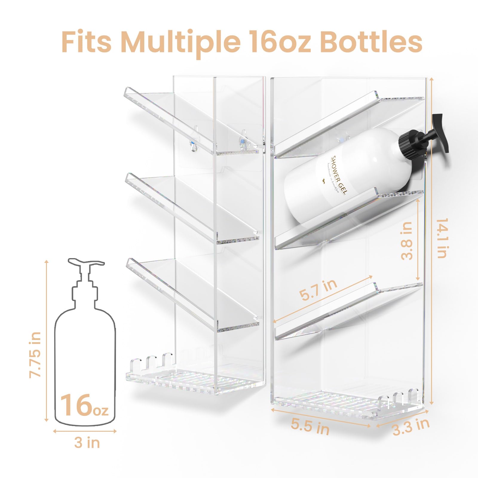 AITEE Clear Acrylic Shower Caddy Organizer - Wall Mounted Bathroom Storage Shelf with Suction Cups for Shampoo, Conditioner & Soap - No Drilling, Rustproof & Durable - Perfect for Small Bathrooms, Apartments & Dorm Showers