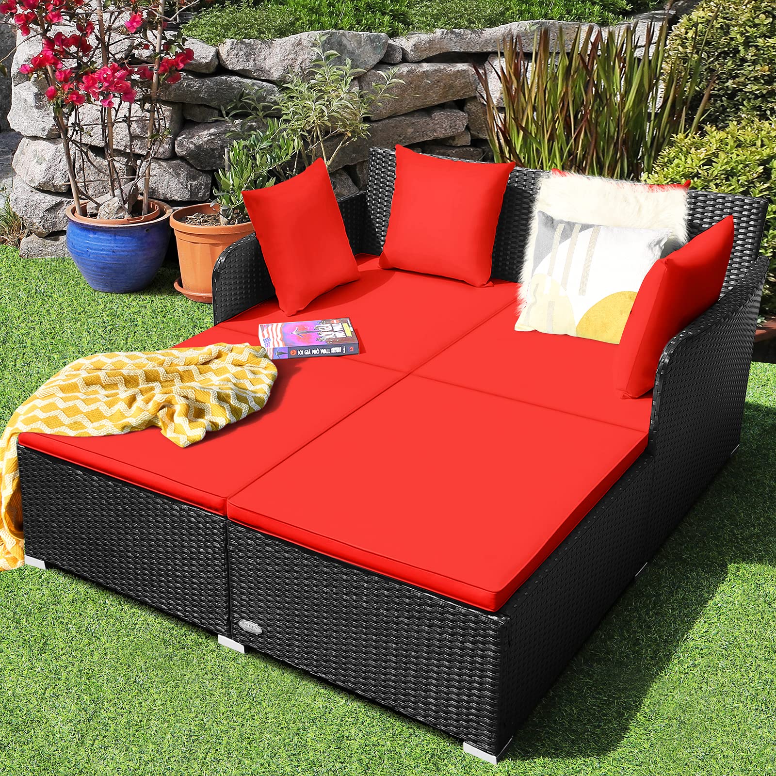 Outdoor Rattan Daybed Patio Loveseat Sofa Set with Padded Cushions & Sturdy Aluminum Frame - Wicker Patio Furniture for Garden, Porch, Poolside - Perfect for Relaxing, Sunbathing & Outdoor Entertaining