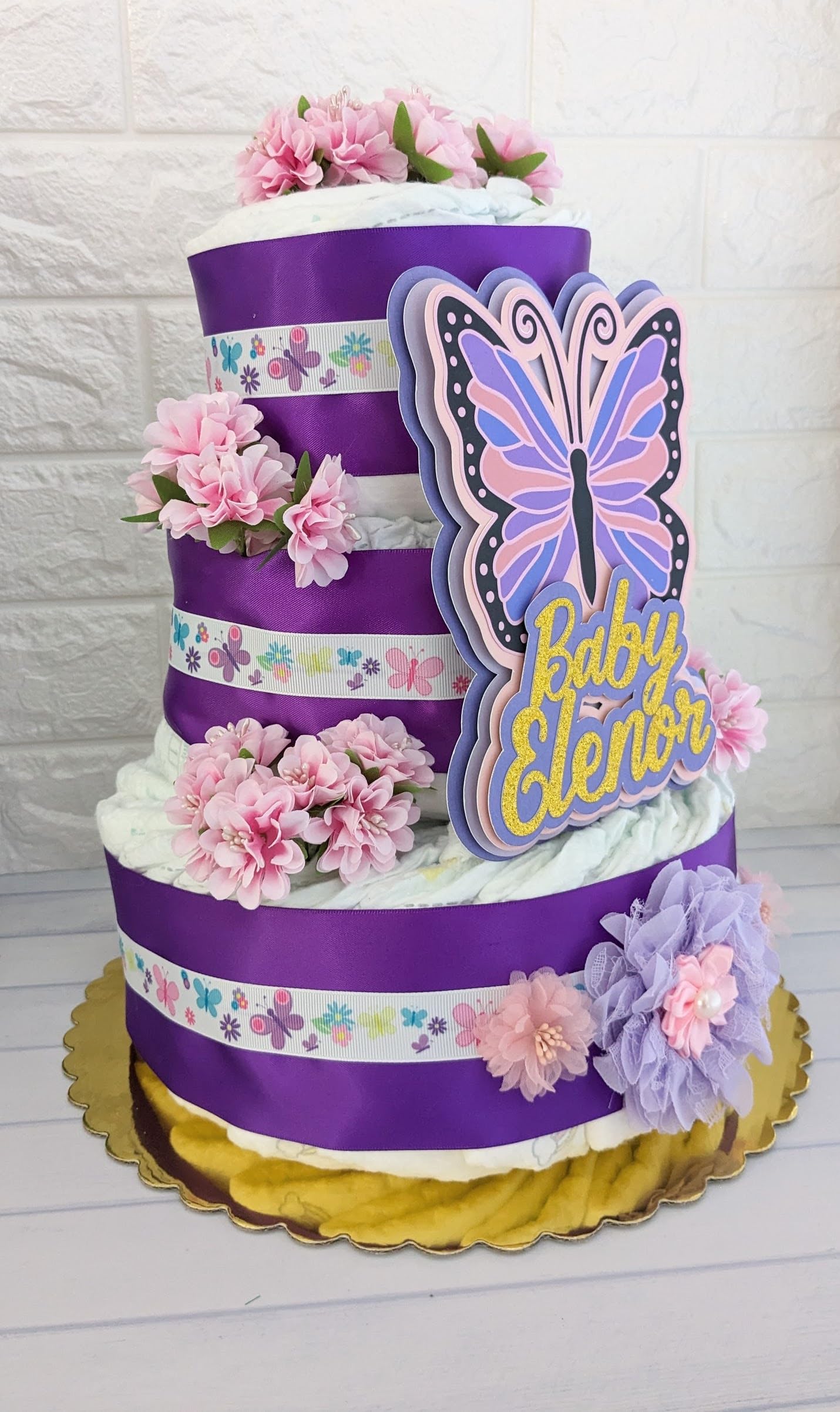 Handmade Purple and Pink Butterfly Theme Diaper Cake for Baby Girl Showers - Custom Name Keepsake Gift, Sprinkle Table Centerpiece & Photo Prop | Perfect for Baby Showers, Gender Reveals & Nursery Decor