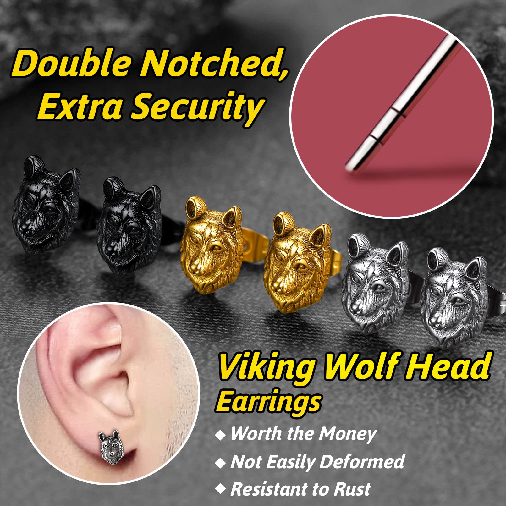 FaithHeart Viking Animal Huggie Hoop Earrings for Men - Gothic Dragon/Snake/Dinosaur/Wolf Stainless Steel Stud Earrings | Hypoallergenic, Lightweight Punk Rock Jewelry | Perfect Gift for Bikers, Rockers & Gothic Fashion Lovers