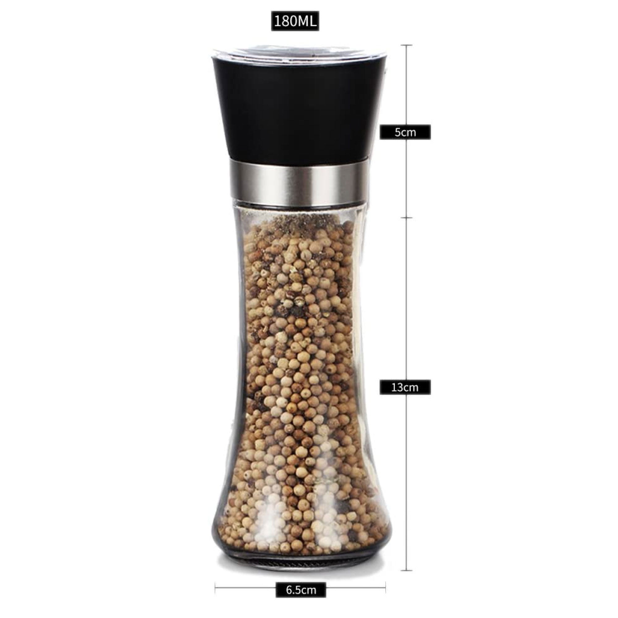 Premium 10-Pack 180ml Glass Salt and Pepper Grinder Set - 18cm Tall Adjustable Ceramic Core Spice Mill for Kitchen, Dining Table & Restaurant Use