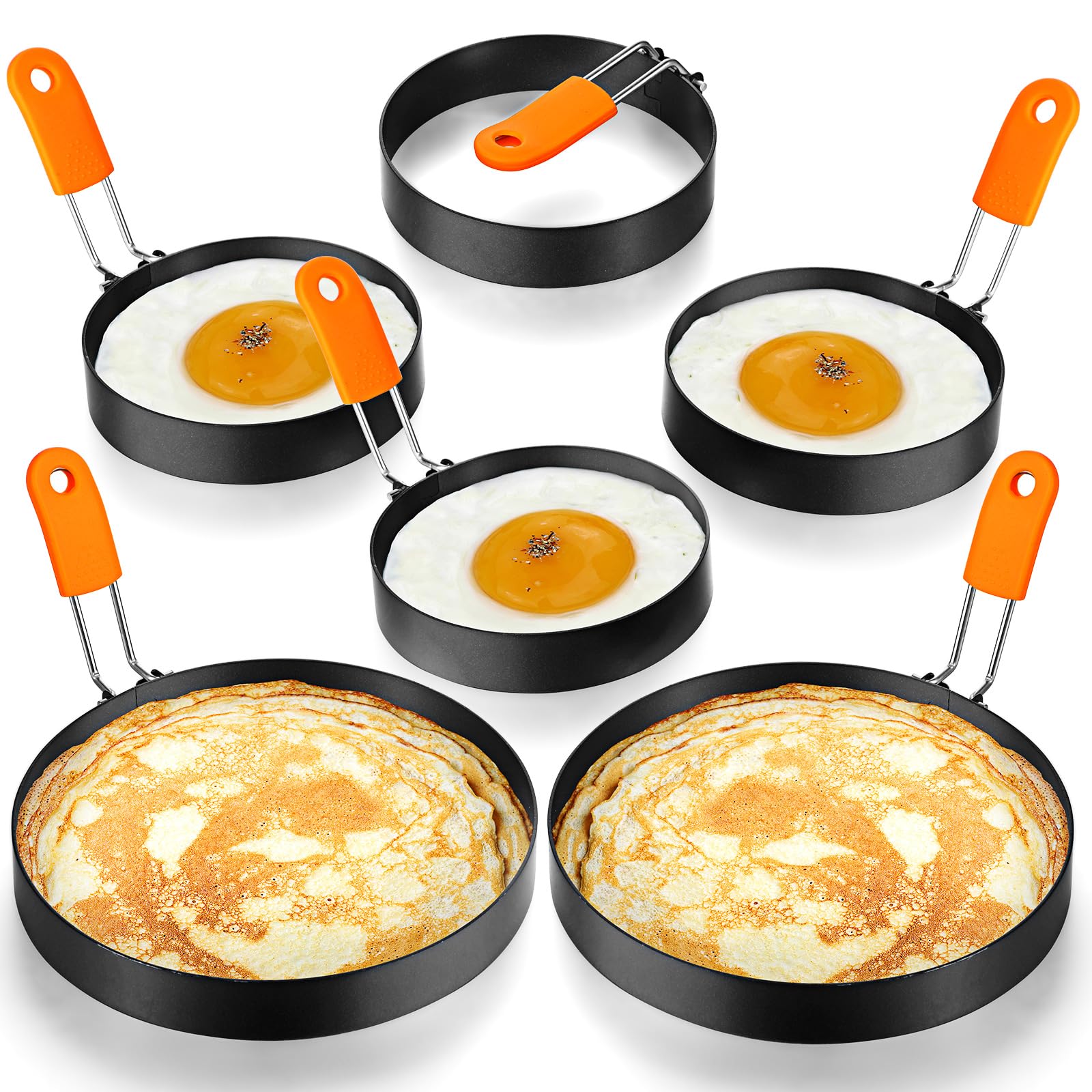 **Patelai 6-Piece Stainless Steel Egg & Pancake Ring Set with Orange Silicone Handle – 4 & 6 Inch Non-Stick Molds for Perfect Fried Eggs, Omelettes, Pancakes & Breakfast Sandwiches – Ideal for Home Cooking, Brunch, and Meal Prep**