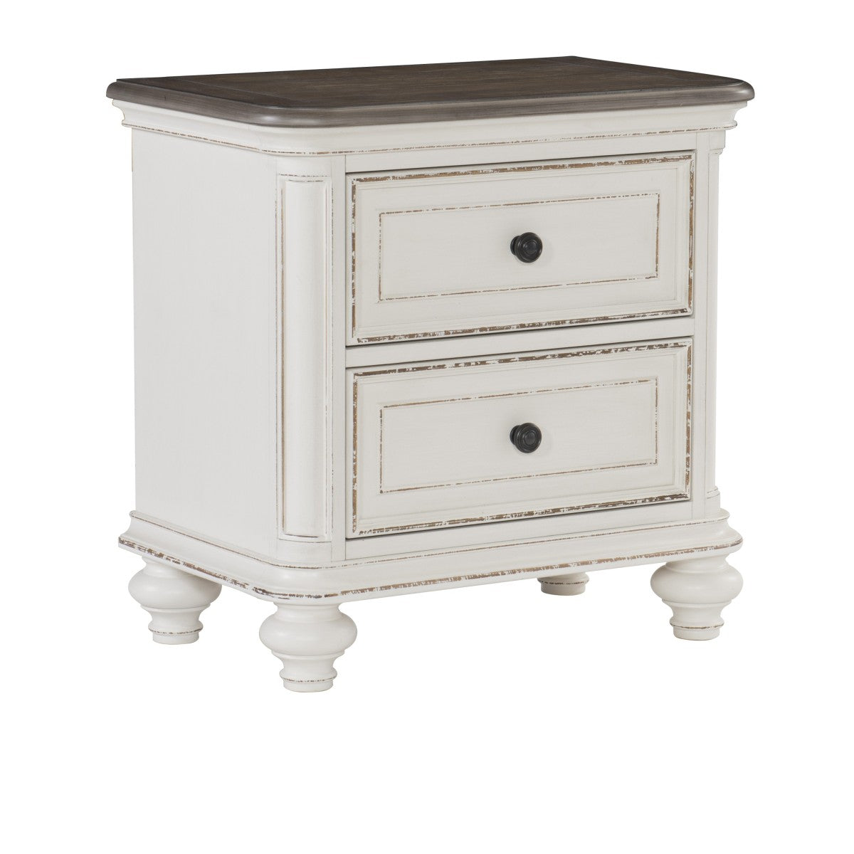 Antique White & Brown Gray Nightstand with USB Port & 2 Drawers - Solid Oak Veneer Bedside Table for Bedroom, Living Room, or Office