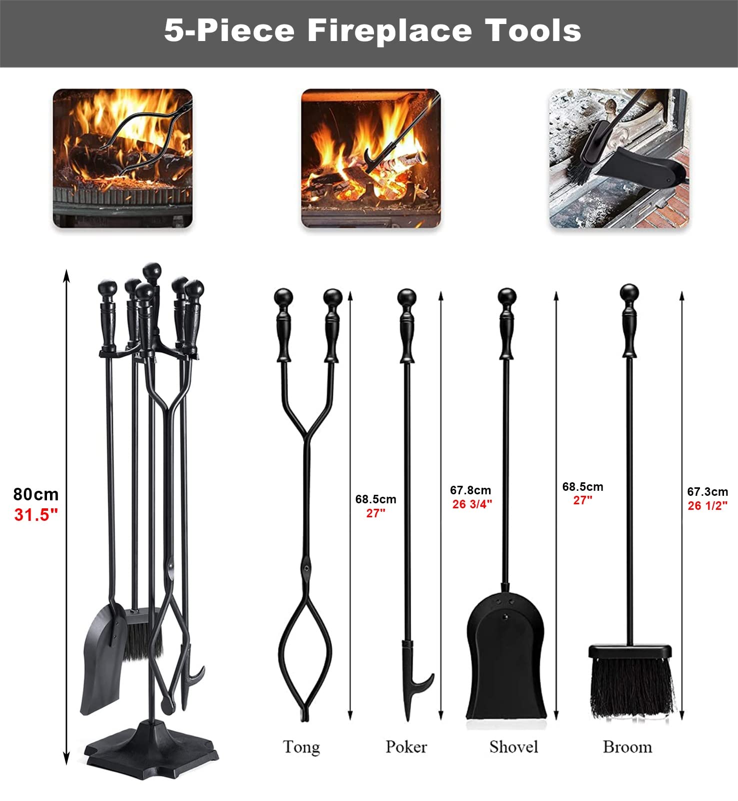 Premium MTSON 5-Piece Fireplace Tools Set - Heavy Duty Cast Iron Fireplace Accessories with Rustic Tool Holder for Indoor Fireplaces | Perfect for Home, Cabin & Fireplace Maintenance