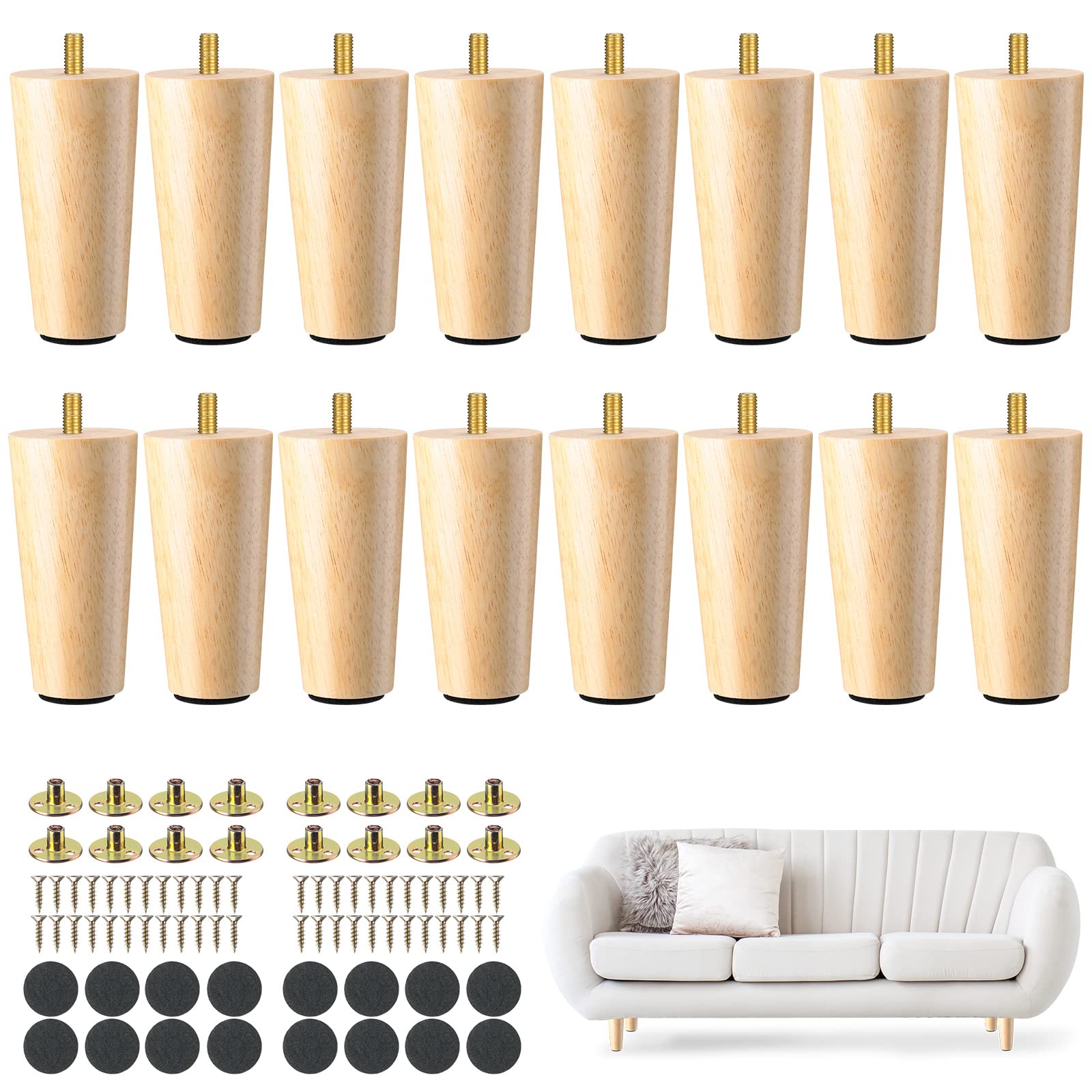 Maitys 4 Inch Round Solid Wood Furniture Legs - 16 Pcs Wooden Replacement Feet for Chairs, Dressers, Sofas, Couches, Tables & Cabinets - DIY Home Improvement Projects (Perfect for Living Room, Bedroom & Office Furniture Upgrades)
