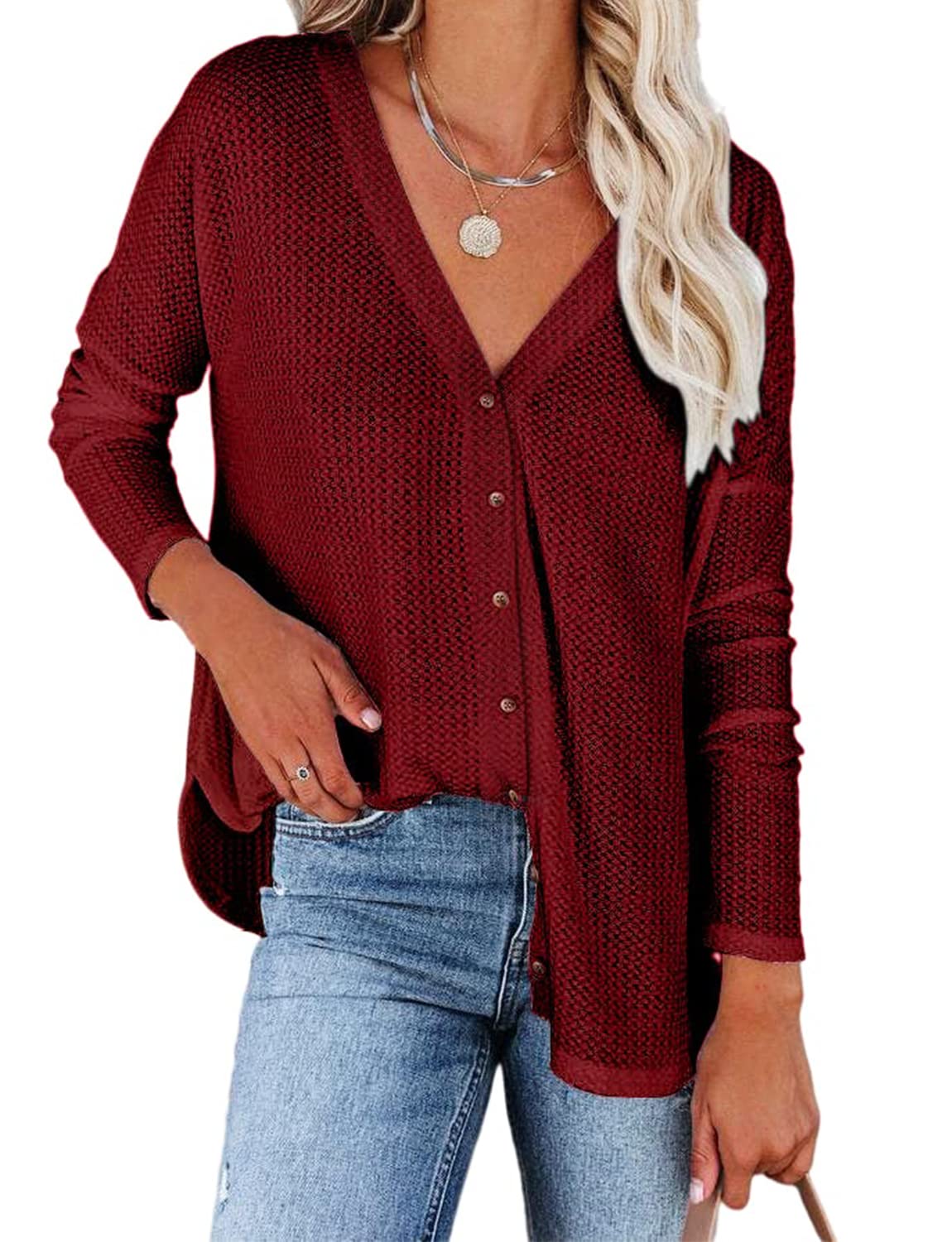 SPESLOOK Women's V-Neck Waffle Knit Button Down Blouse - Casual Long Sleeve Tunic Cardigan Top for Work, Date Night & Fall Layering