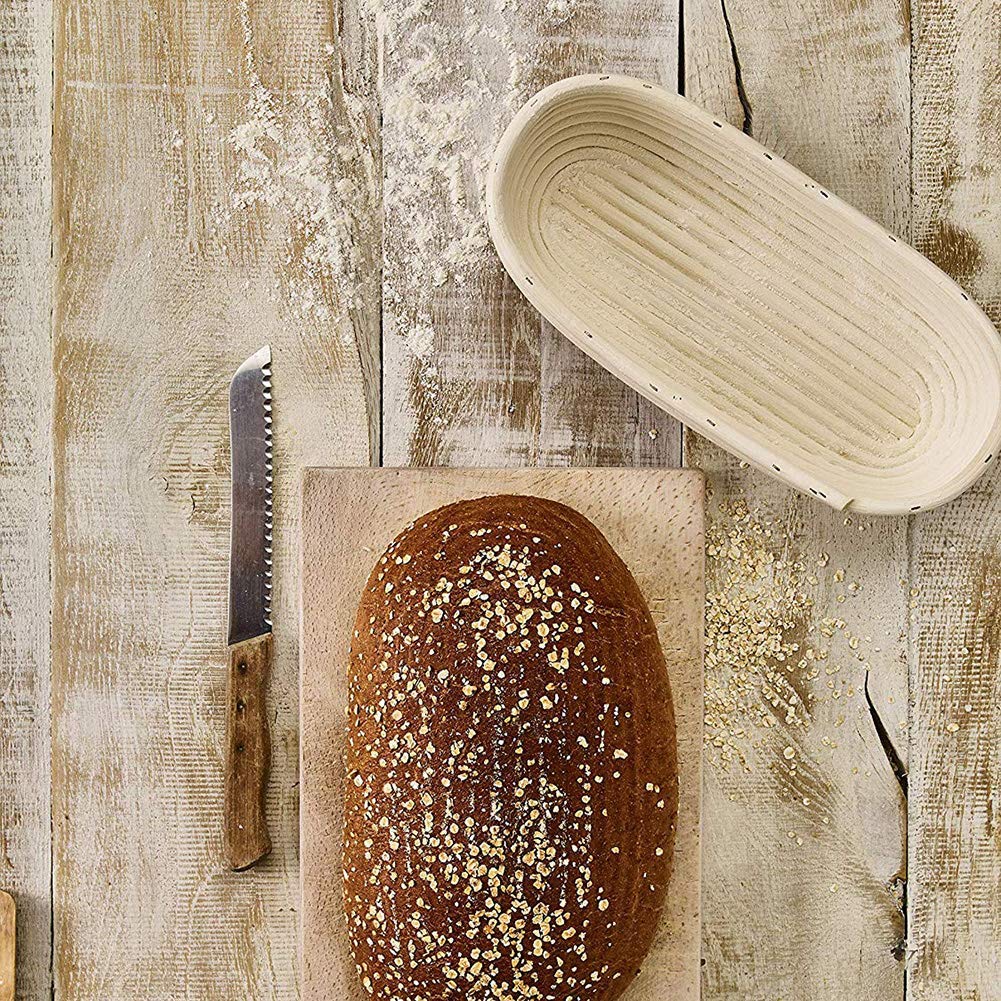 Handmade Rattan Bamboo Bread Proofing Basket with Linen Cloth & Dough Scraper - Perfect for Sourdough, Banneton Baking & Artisan Bread Making - Ideal for Home Bakers & Professional Bakeries