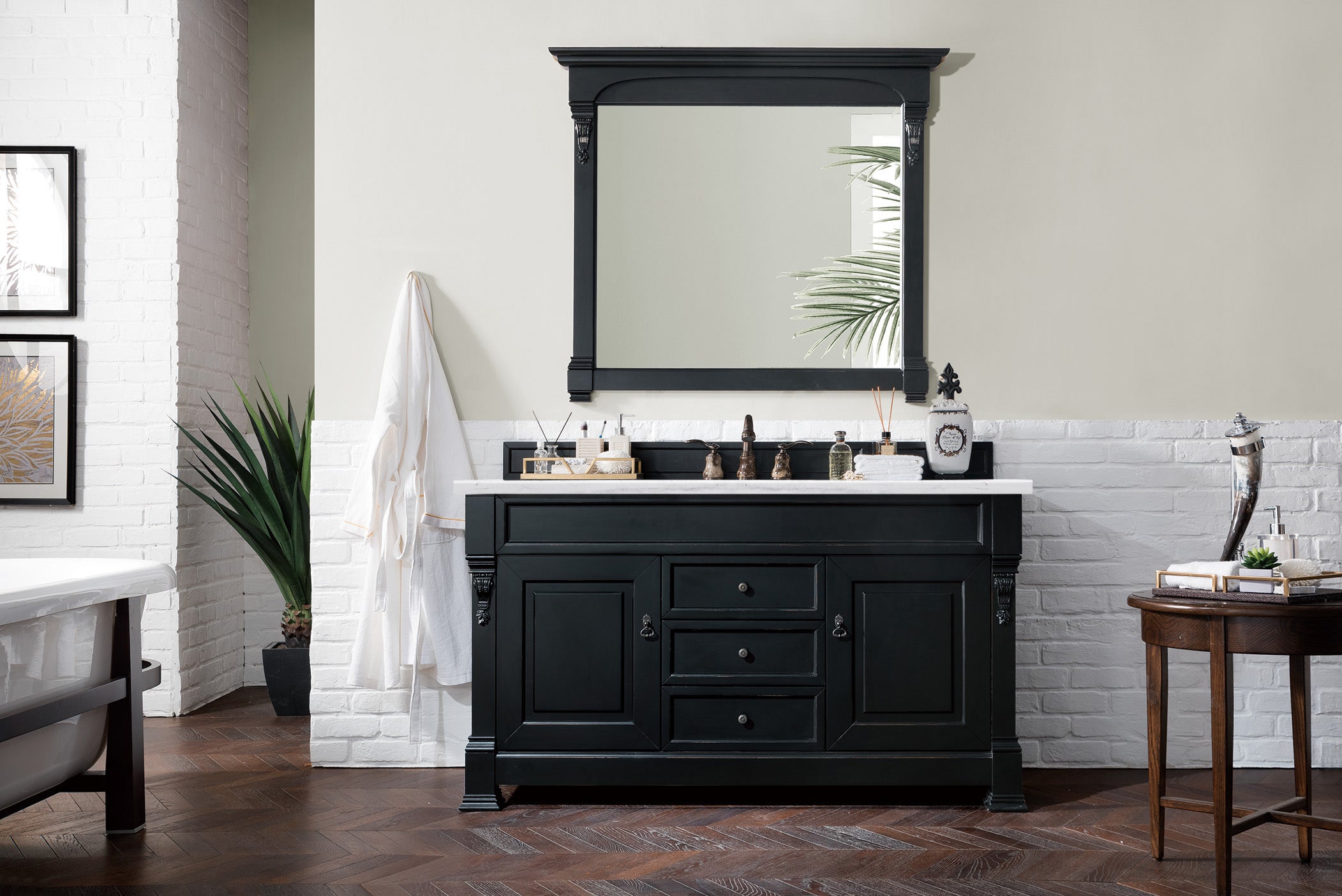 Brookfield 60 Inch Single Bathroom Vanity in Antique Black with 3CM Arctic Fall Solid Surface Top - Perfect for Modern and Traditional Bathroom Designs