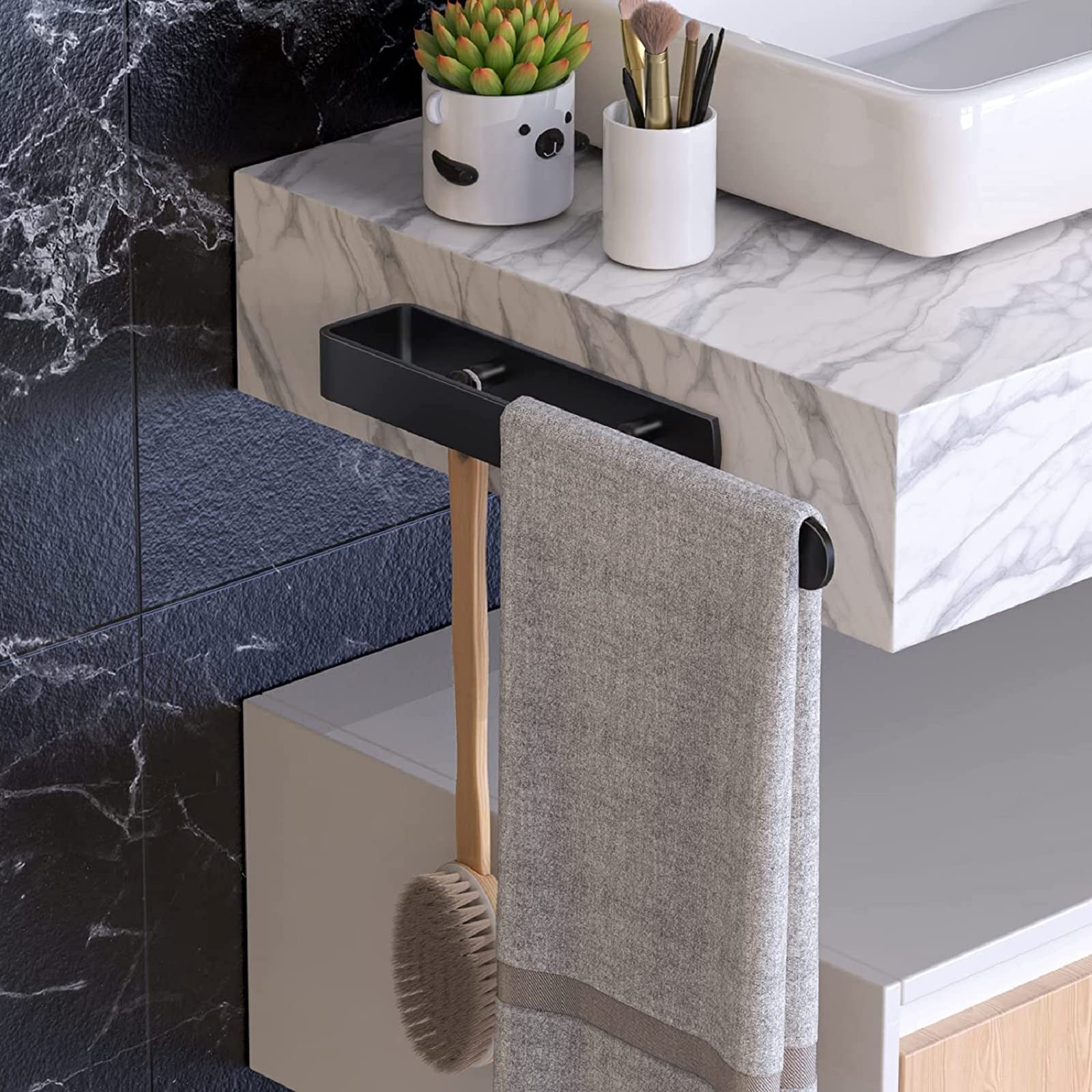 Black Wall Mounted Towel Rail - 37cm No Drill No Screw Self Adhesive Bathroom Towel Holder | Perfect for Small Bathrooms, Apartments & RVs