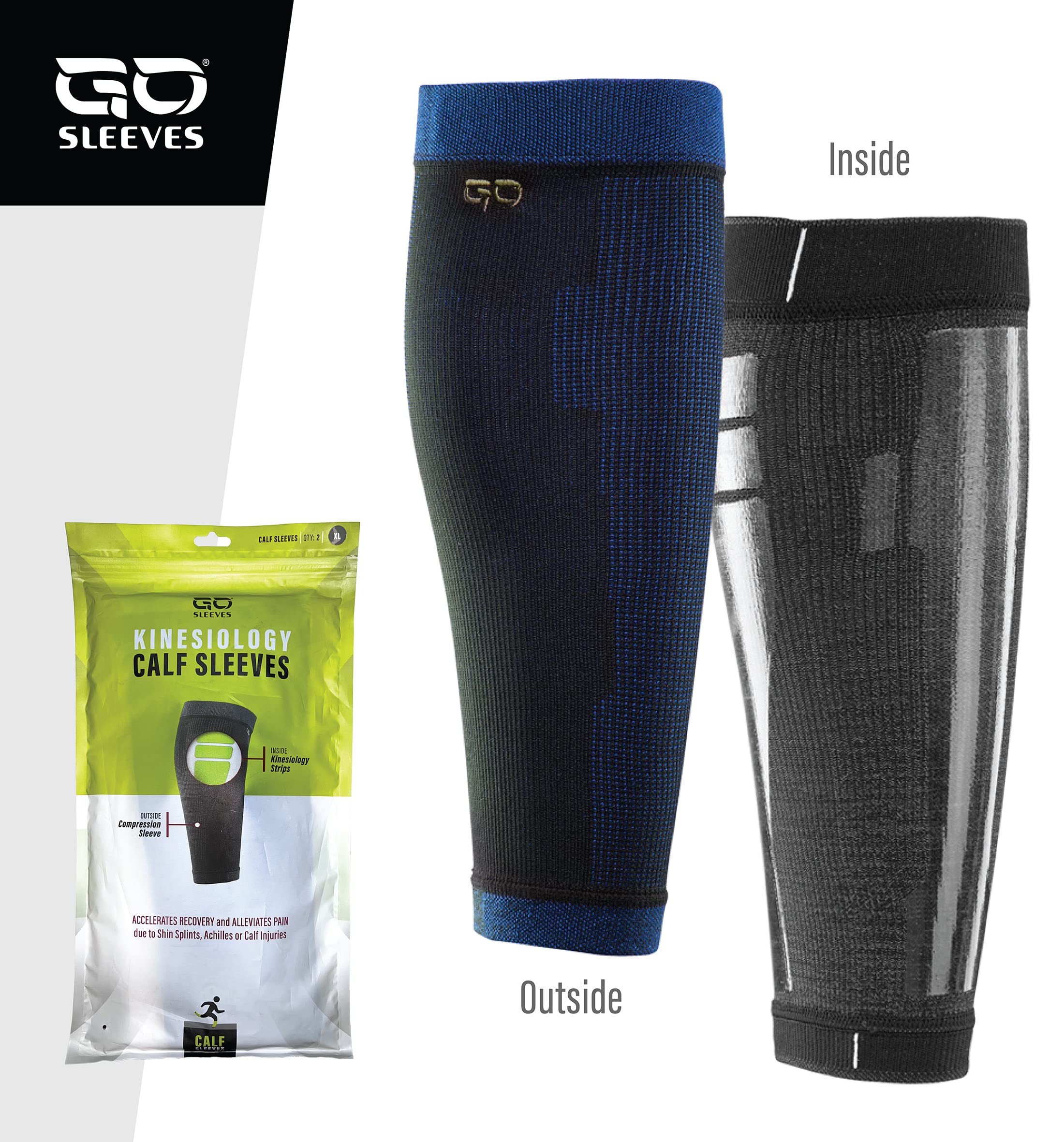 GO Calf & Lower Leg Kinesiology Compression Sleeve - Blue XL Pair (2-Pack) for Running, Sports Recovery & Varicose Vein Relief - Breathable Support for Athletes & Active Lifestyles