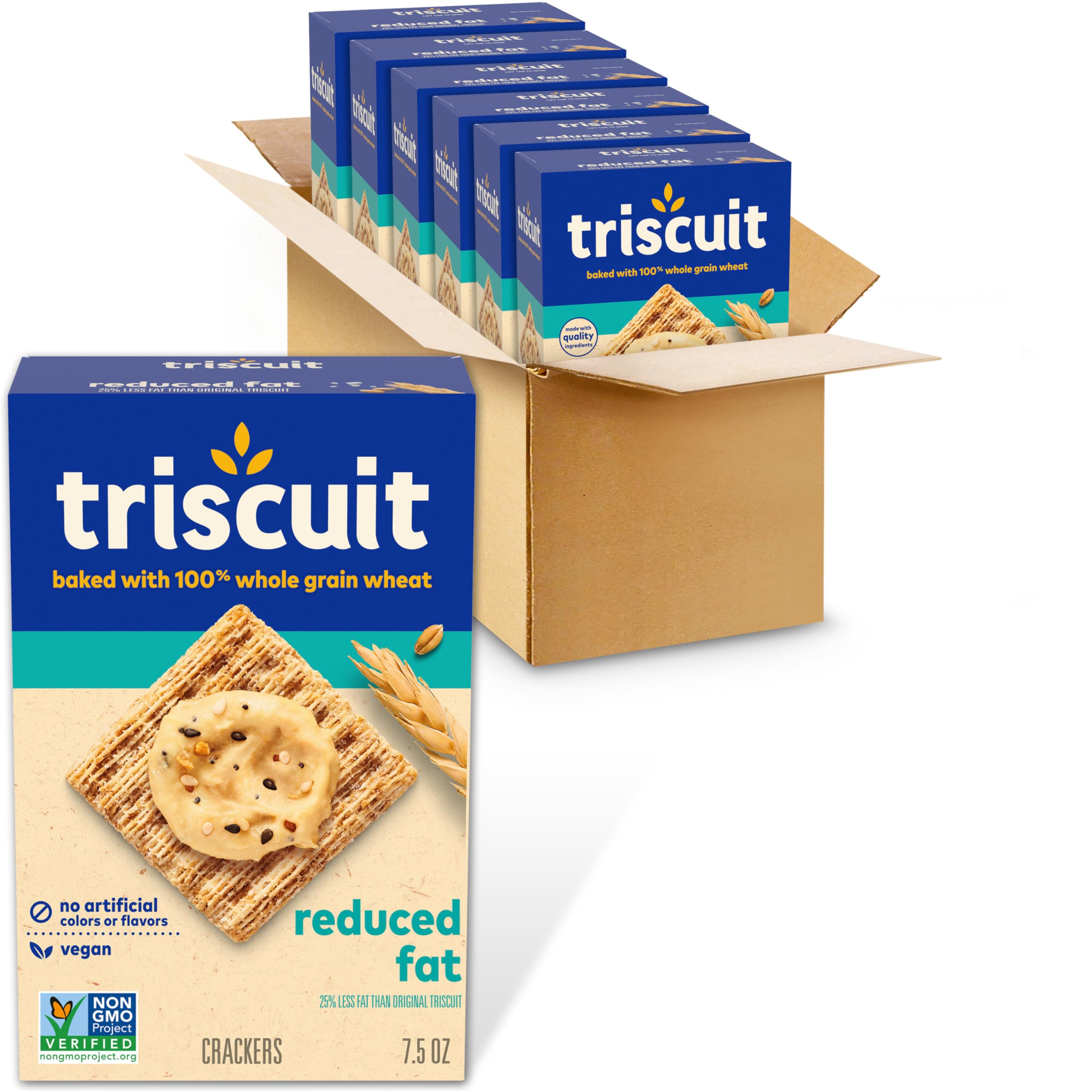Triscuit Reduced Fat Whole Grain Wheat Crackers - Vegan, Gluten-Free Healthy Snacks for Lunch, Office & On-The-Go - Bulk Pack of 6 (7.5 oz Boxes) - Perfect for Parties, School & Work Snacking