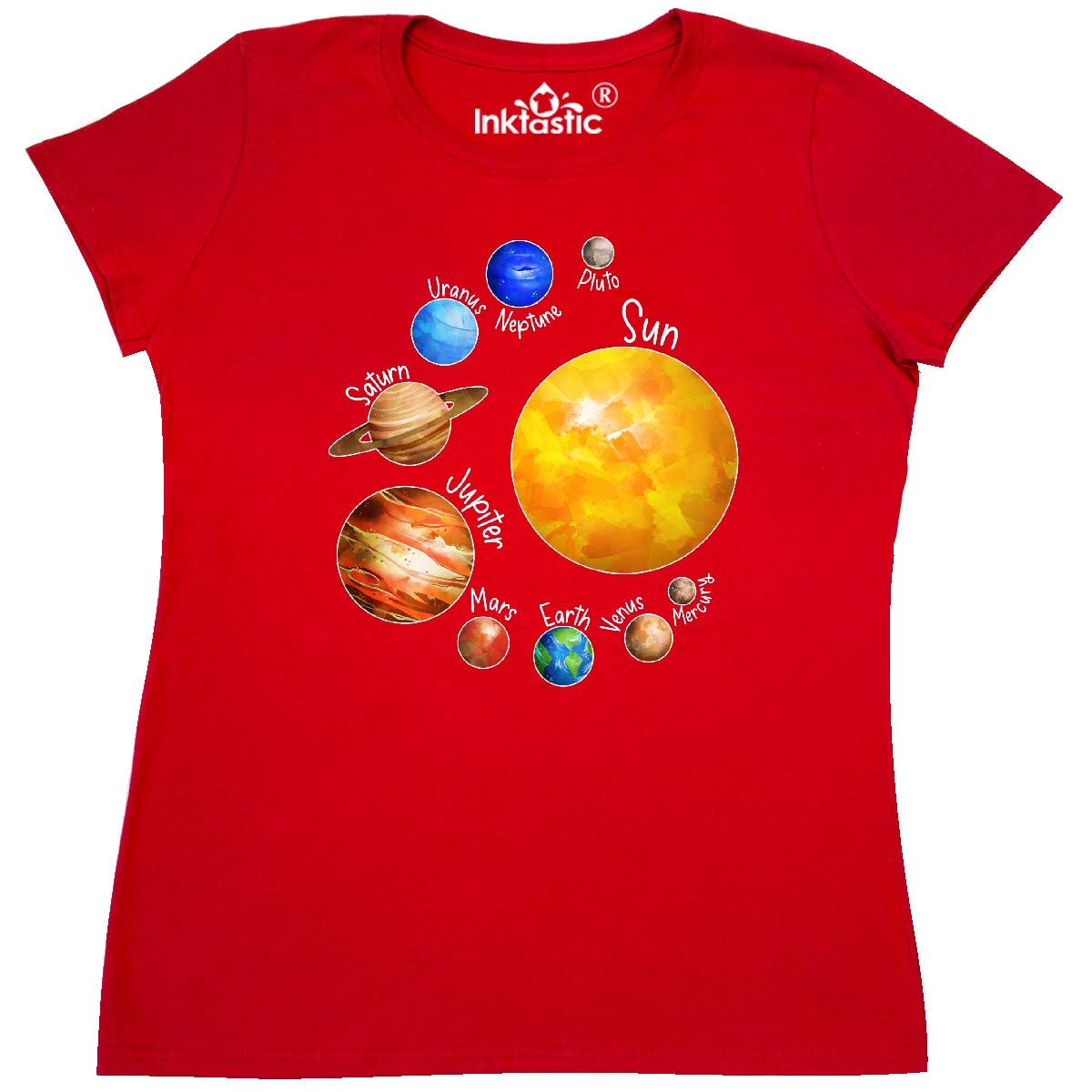 Inktastic Sun and Planets - Yes, and Pluto Women's T-Shirt | Space & Astronomy Graphic Tee | Casual Wear for Women | Perfect for Science Lovers & Astronomy Enthusiasts