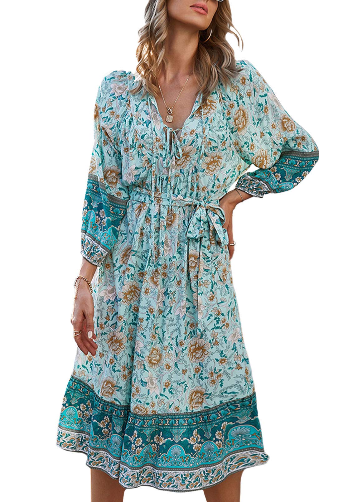 AOHITE Women's Bohemian Floral Print Midi Dress - Long Sleeve Retro V-Neck Vintage Style for Casual Outings, Date Nights & Fall Fashion