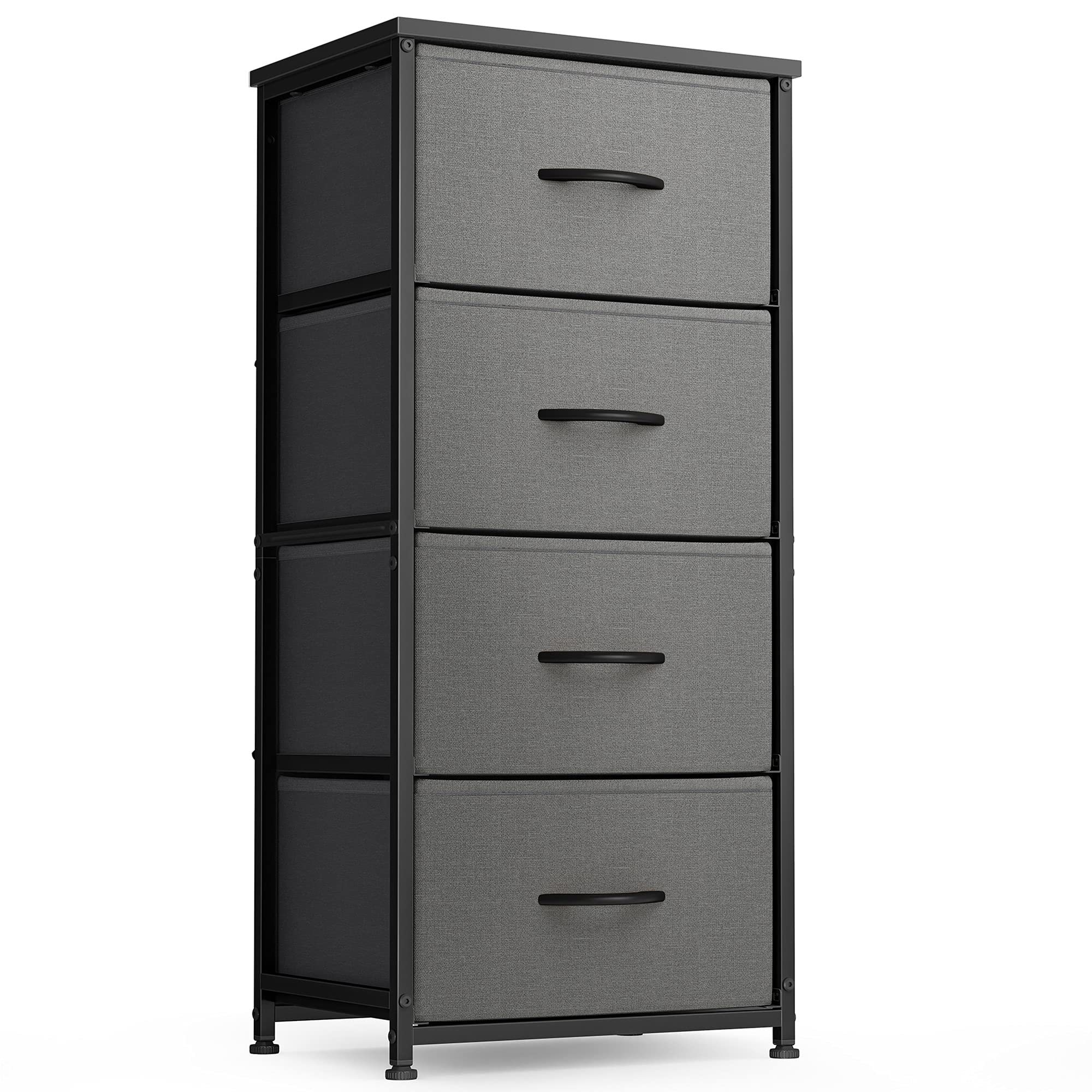 FEZIBO 4-Drawer Fabric Dresser Storage Tower with Steel Frame & Wood Top - Bedroom Closet Organizer, Entryway Hallway Storage Unit with Easy Pull Handles (Dark Grey) - Perfect for Small Space Organization & Home Decor