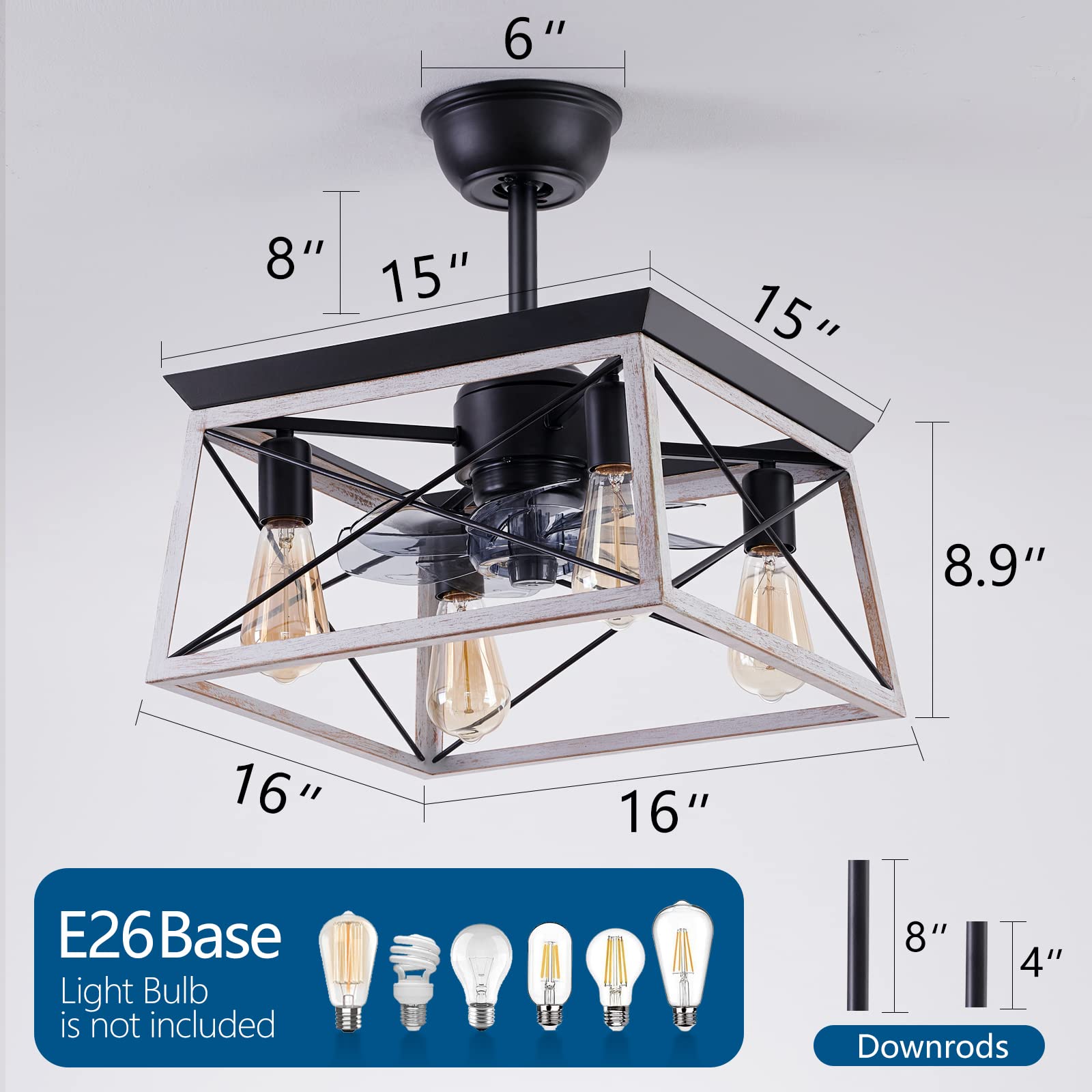 HuixuTe 52 Inch Smart Ceiling Fan with LED Light & Remote Control - 6 Speed Adjustable, Farmhouse Industrial Style, Rustic Cage Design - Perfect for Kitchen, Bedroom, Living Room & Outdoor Patio