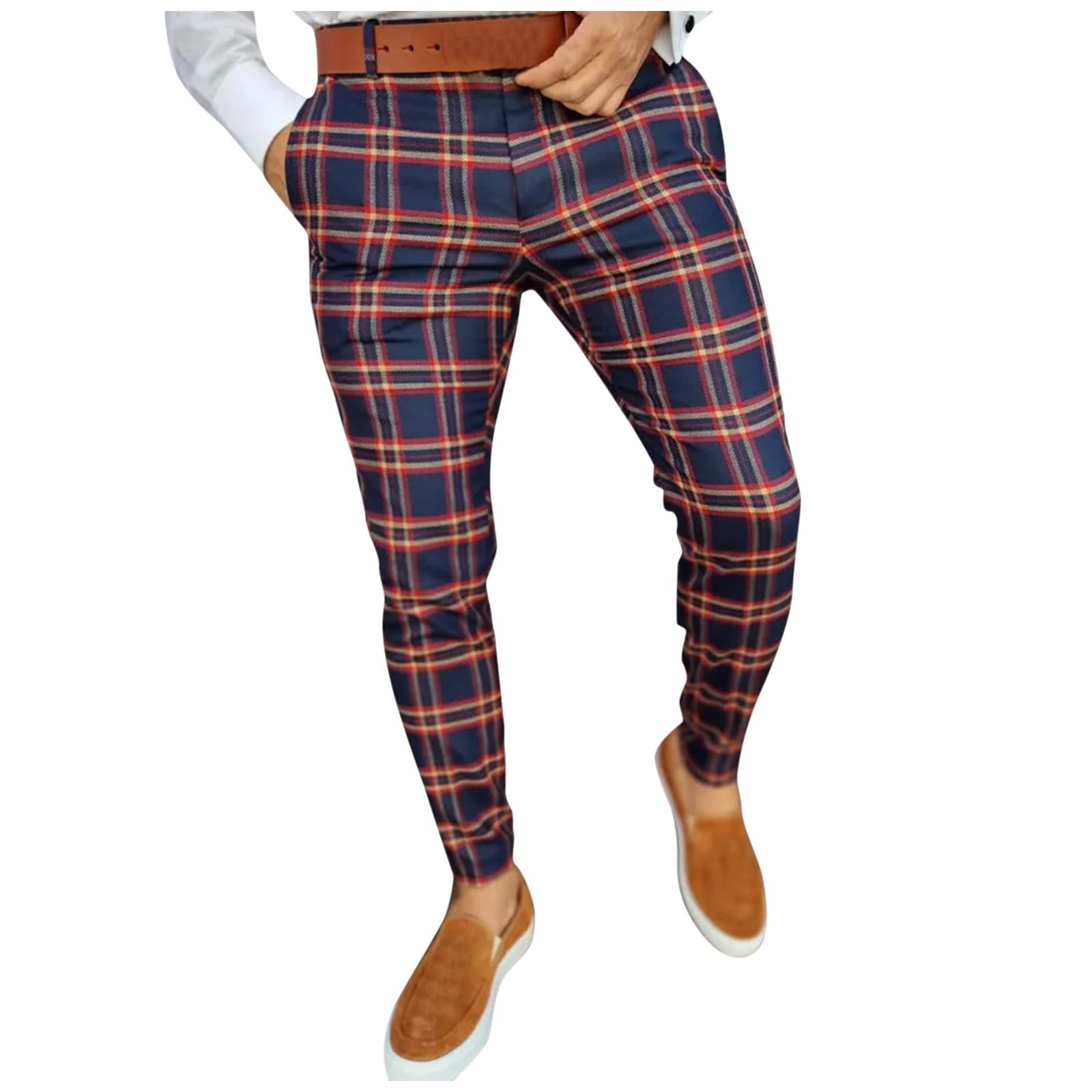 2022 Men's Classic Fit Plaid Print Casual Work Pants - Slim Fit Business Dress Pants with Pockets in Navy | Perfect for Office, Business Meetings & Smart Casual Outfits