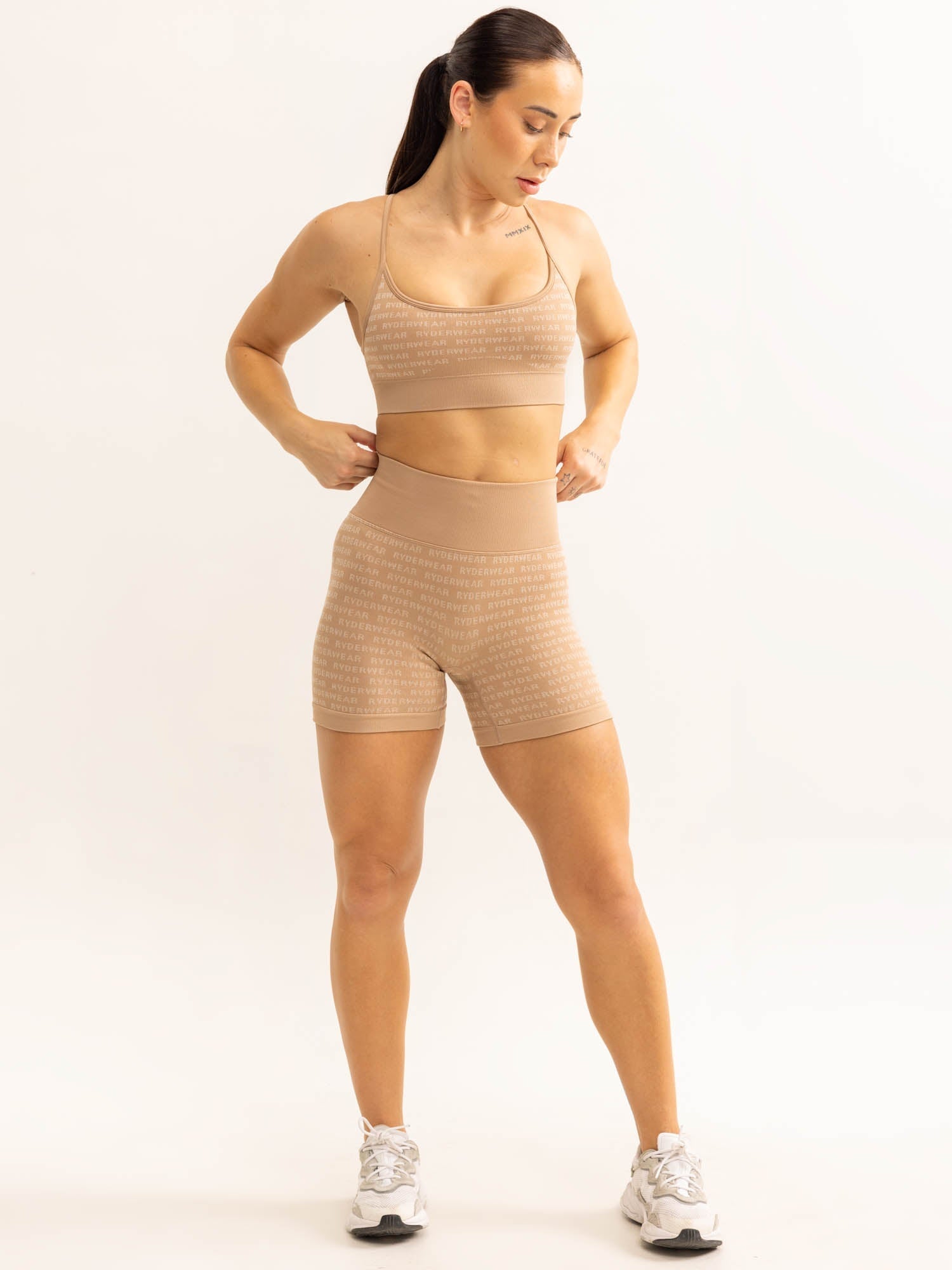 Logo Lux Seamless Sports Bra - Breathable Workout Top for Women in Tan | Perfect for Yoga, Gym & Running