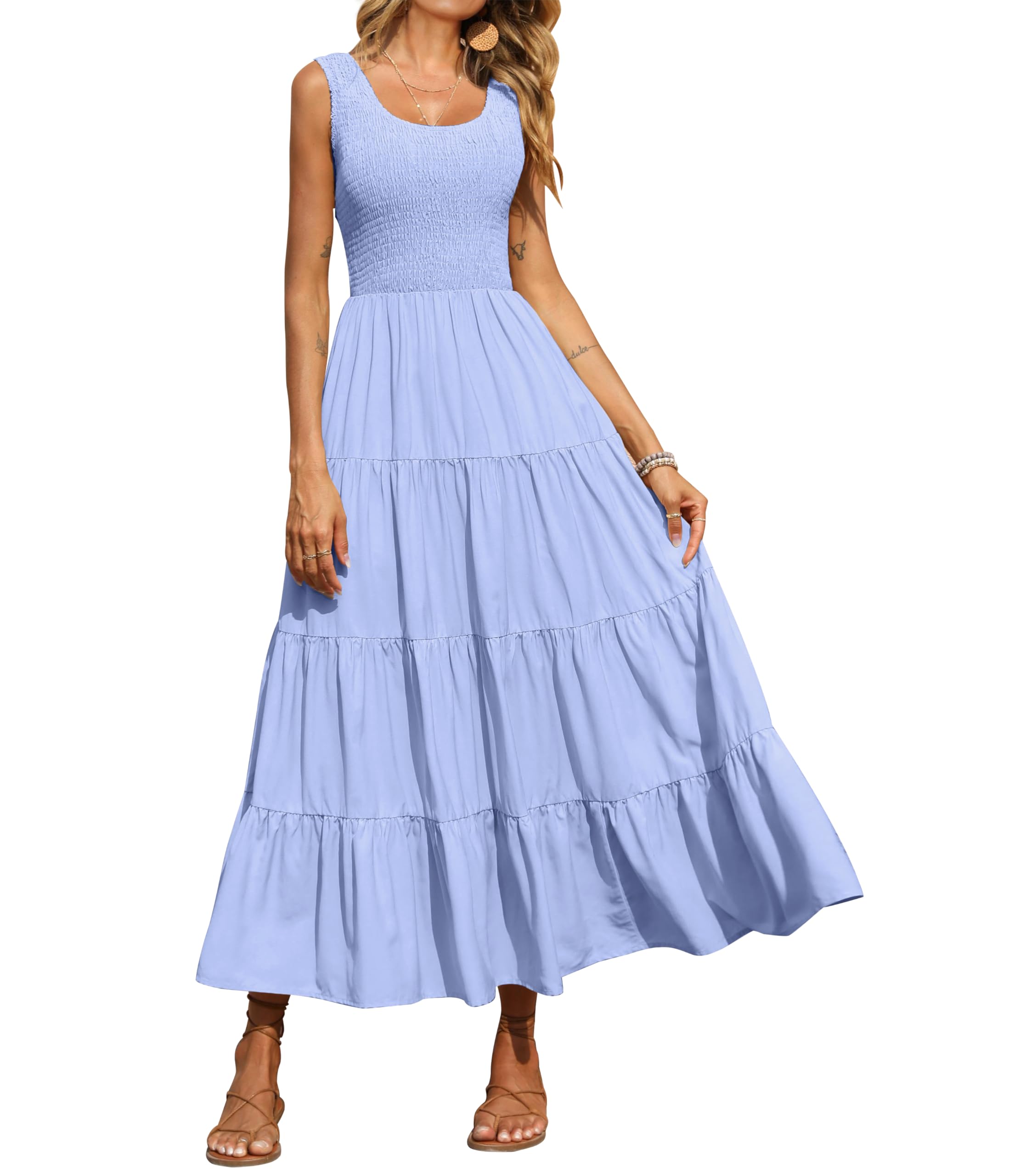PRETTYGARDEN Women's 2025 Casual Loose Plain Maxi Sundress - Smocked Tank Dress Sleeveless Summer Beach Tiered Long Dresses for Vacation, Pool Party & Outdoor Activities