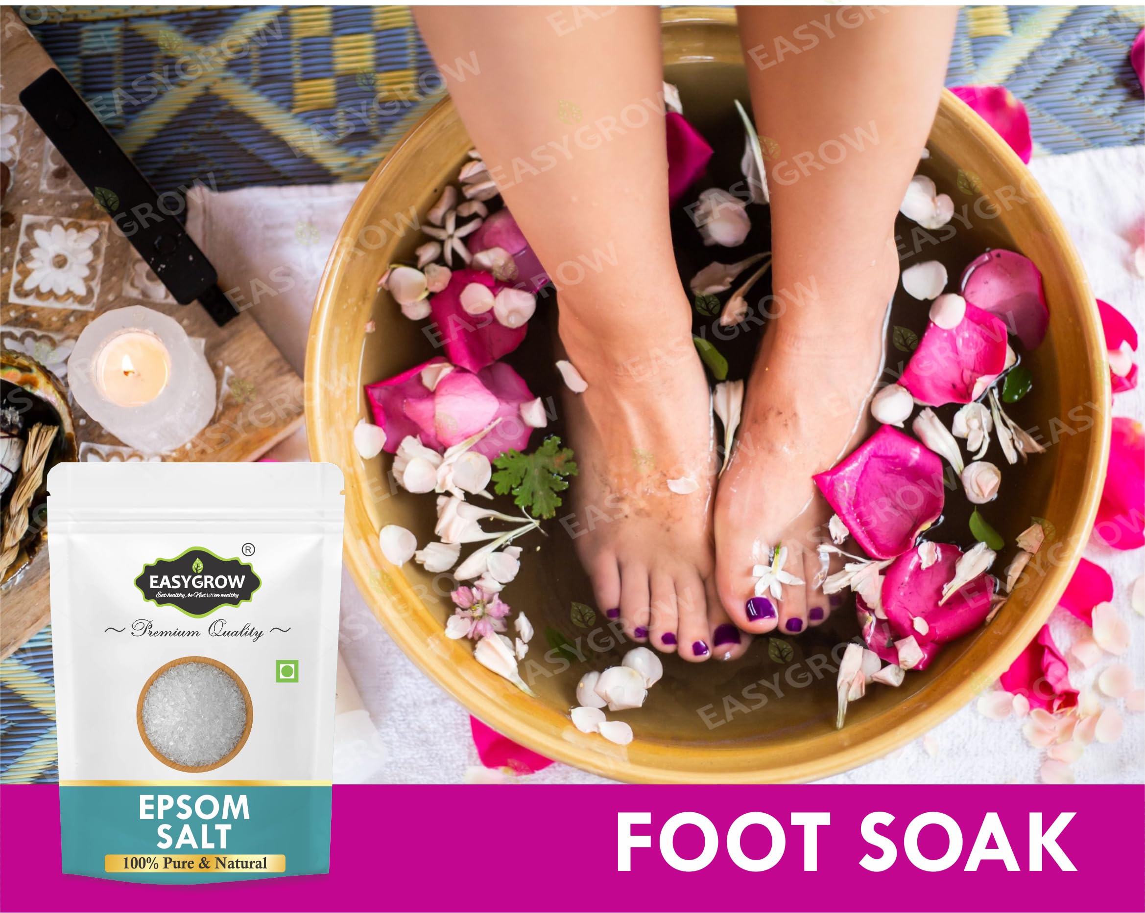 Easygrow Epsom Salt Crystals Foot Soak - 800g Magnesium Sulfate for Pain & Muscle Relief, Detox Bath Salt for Tired Feet & Stress Relief | Perfect for Post-Workout Recovery & Relaxing Spa Nights at Home