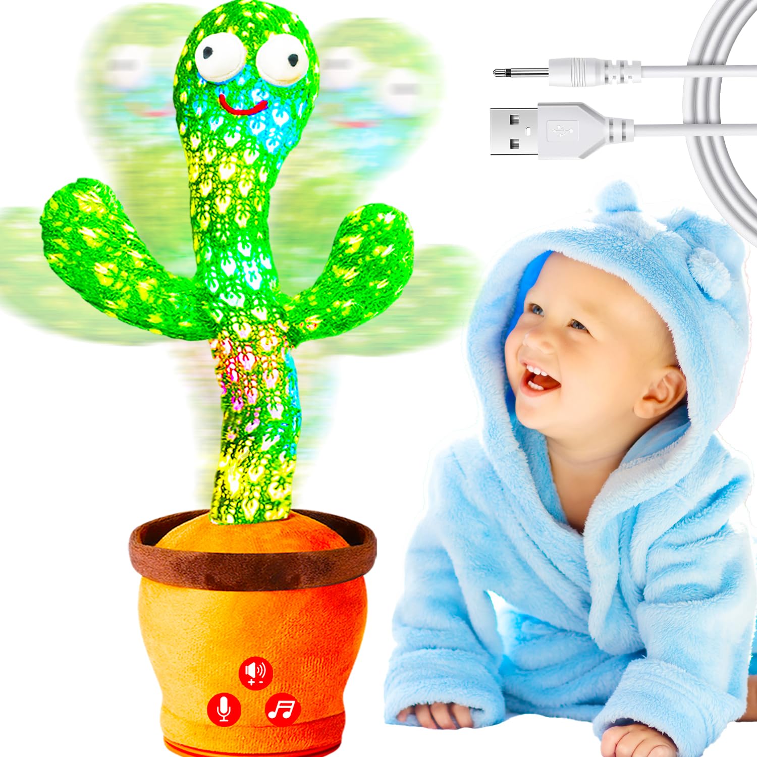 Rechargeable Dancing Talking Cactus Toy for Babies & Toddlers - Adjustable Volume, Singing, Mimicking & Repeating - Fun Interactive Learning Toy for Boys & Girls - Perfect for Easter Basket Stuffers, Birthday Gifts & Playtime Entertainment