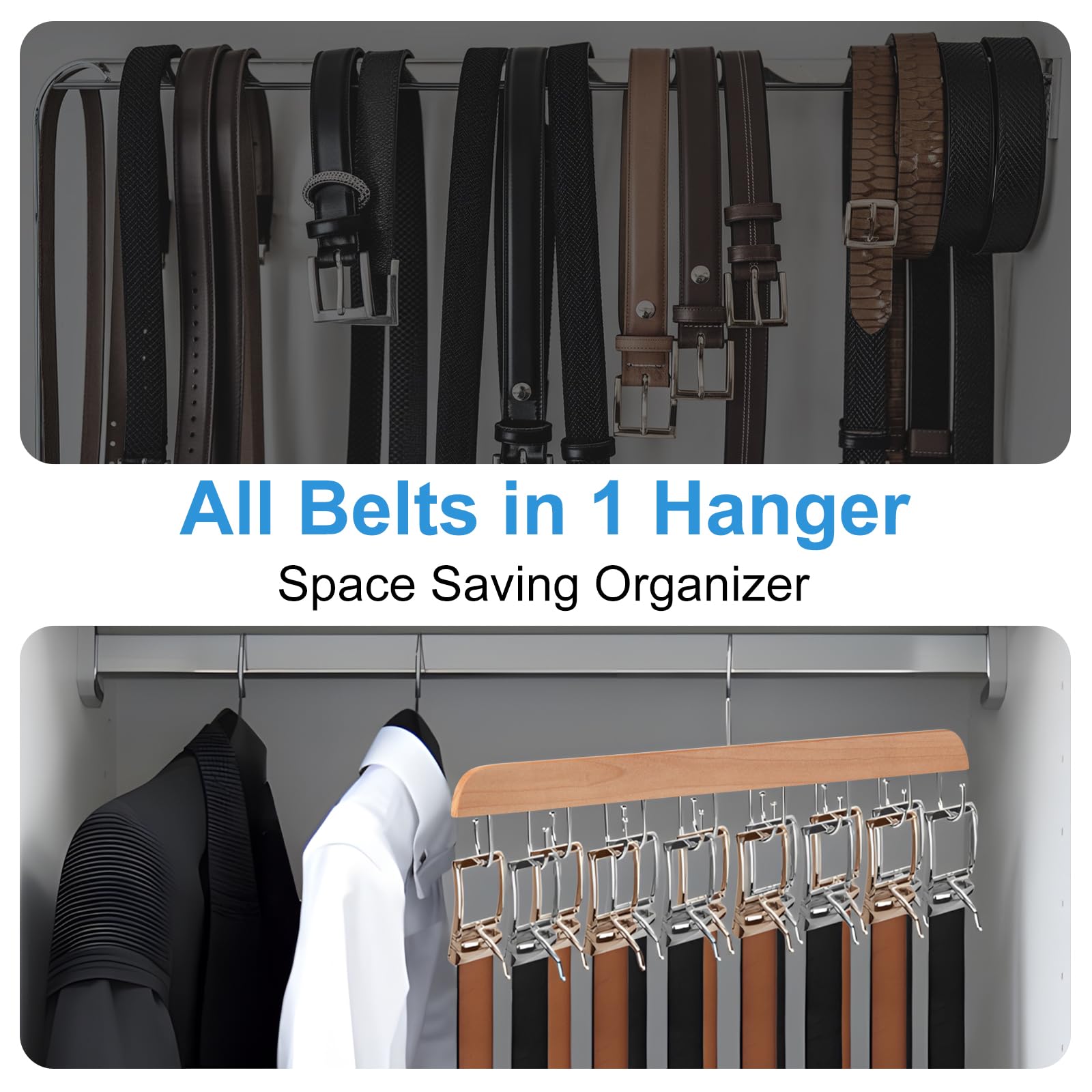 Sturdy Wooden Belt Hanger for Closet - 14 Hooks Holds 42 Belts & Ties | Space-Saving Closet Organizer for Men & Women | Perfect for Bedroom, Walk-in Closet & Dorm Storage (Yellow, 1 Pack)