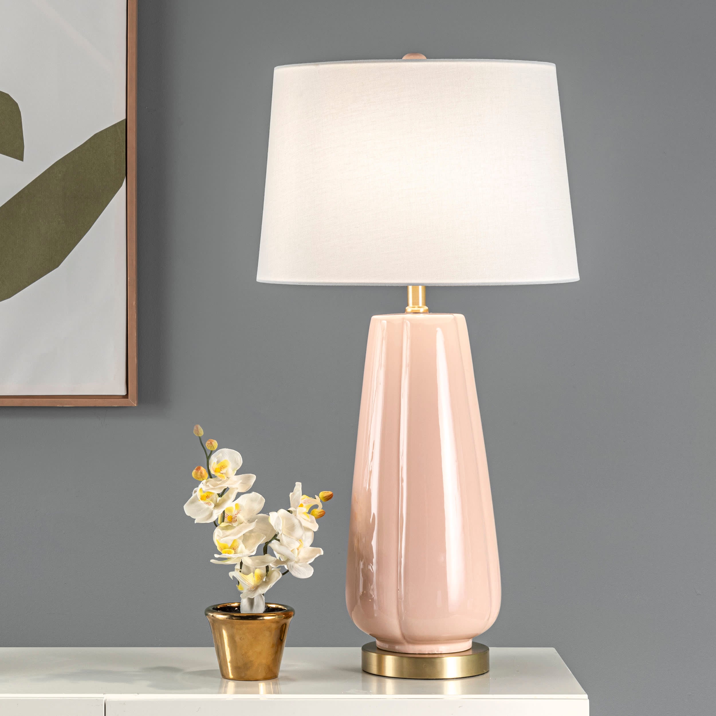 28 Inch Golden Lotus Ceramic Table Lamp - Elegant Pink Home Decor for Bedroom, Living Room & Office Lighting