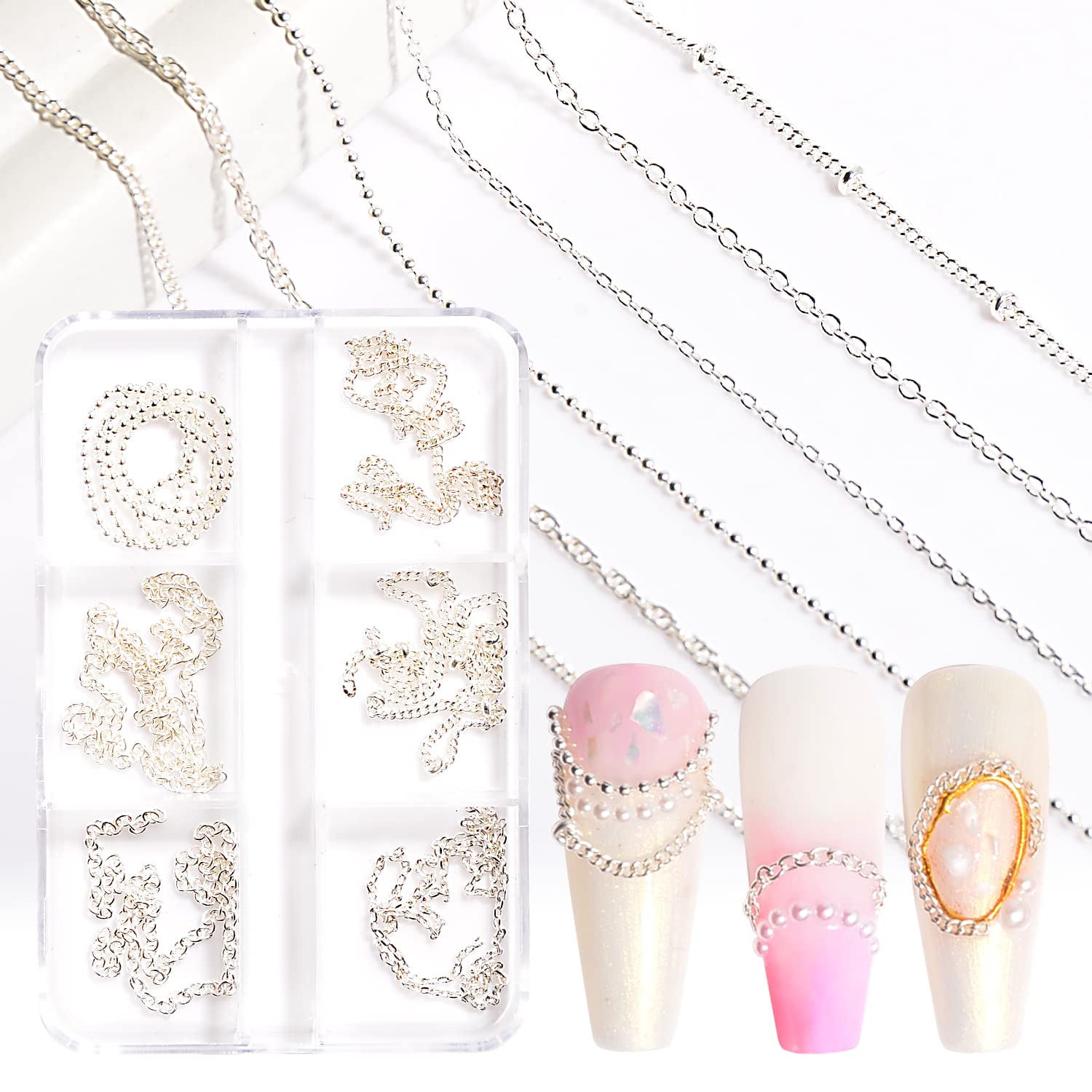 6 Strips 3D Metal Nail Art Chains - Silver Punk Nail Studs & Beads for Nail Decoration | DIY Manicure Jewelry Accessories for Punk, Gothic & Festival Nail Art Designs
