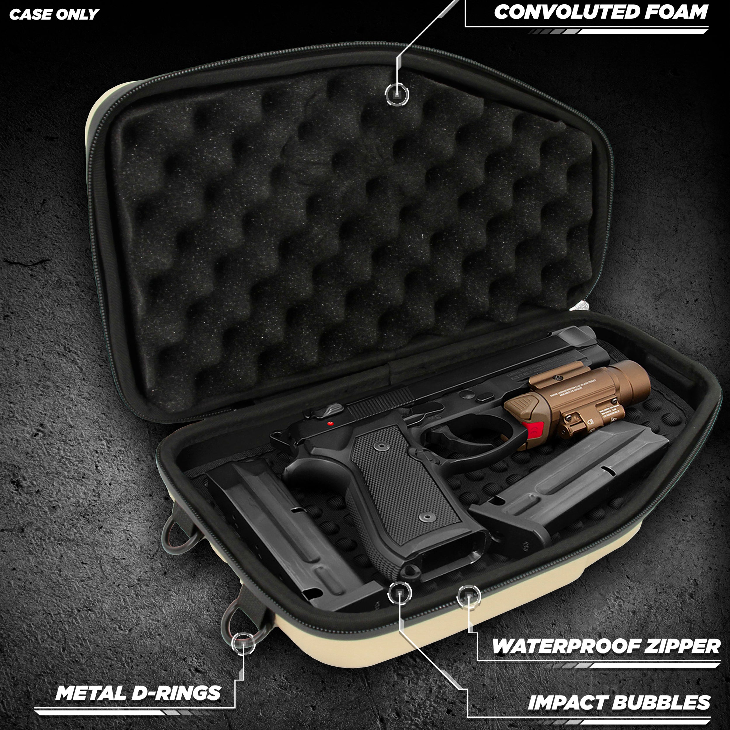 CASEMATIX Locking Pistol Case for Small to Large 9mm Handguns - Secure Gun Storage with Extra Magazine Space & Locking Zippers (Tan) - Perfect for Range, Travel & Home Security