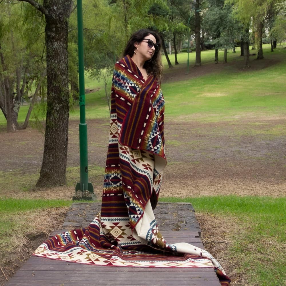 Premium Alpaca Wool Blanket 80x90 Inches - Hypoallergenic, Ultra Soft & Lightweight, Handwoven Queen Size Throw - Warm Red Tones for Bed, Sofa & Cozy Home Decor