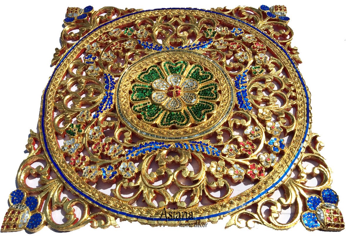Handcrafted Oriental Wood Mosaic Wall Art - Floral Carved Asian Home Decor (24 Inch Gold) for Living Room, Bedroom & Office Decoration